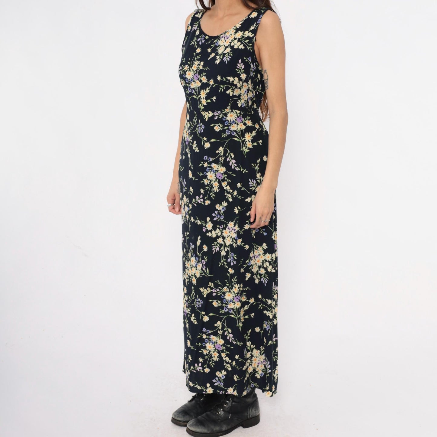 90s California Concepts Floral Maxi Dress Black Yellow Purple Daisy Sleeveless Large
