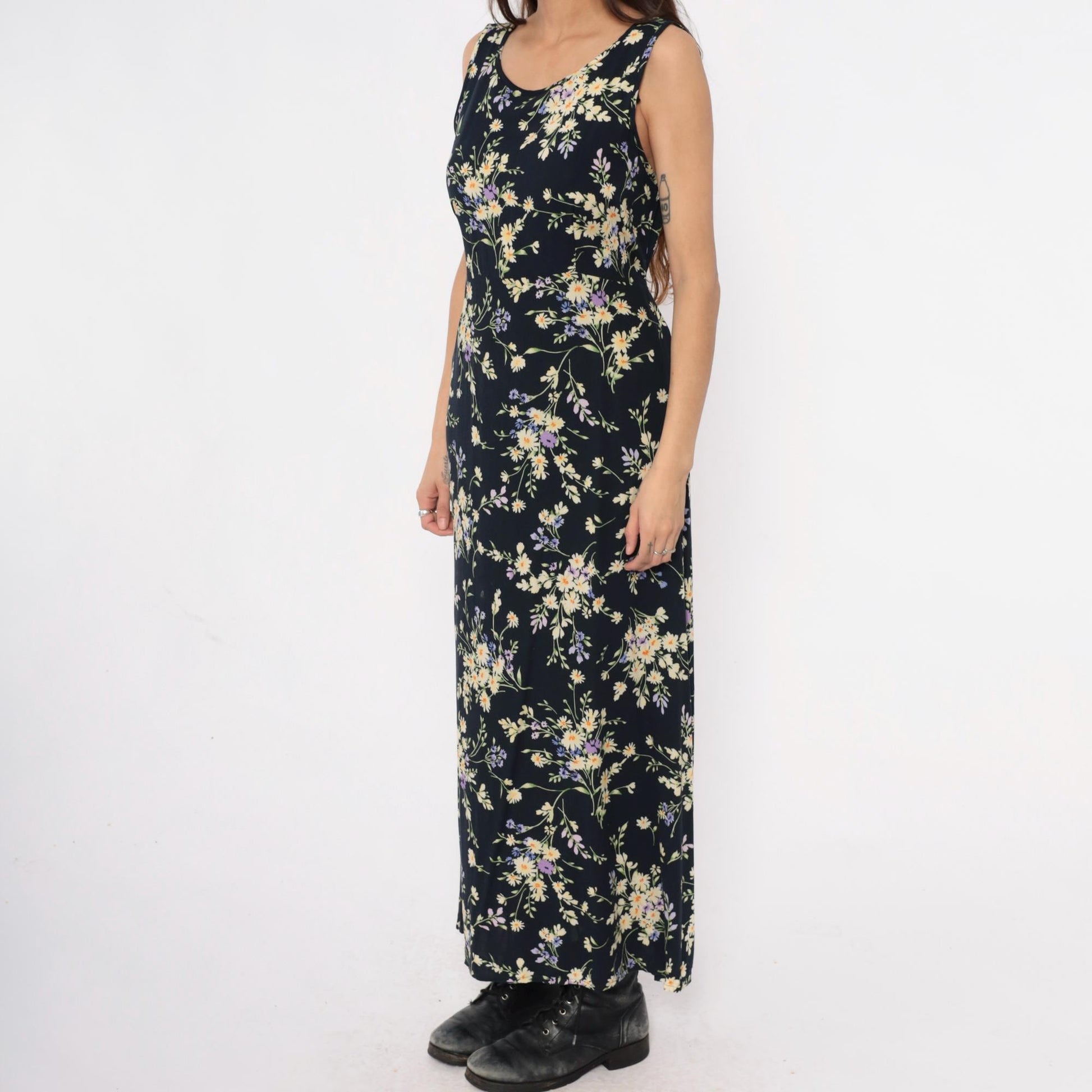 90s California Concepts Floral Maxi Dress Black Yellow Purple Daisy Sleeveless Large