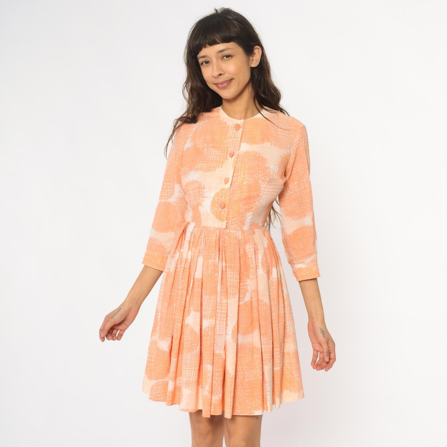 60s Peach Floral Button Front Dress Peter Pan Collar Pleated Skirt XS