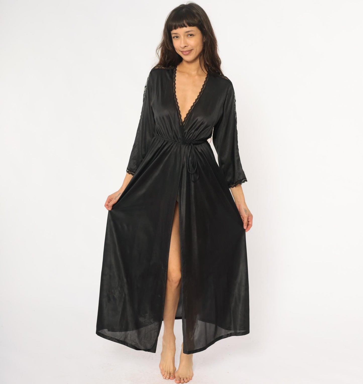 70s Black Nylon Lace Robe Maxi Wrap Front Deep V Neck Tie Waist Small