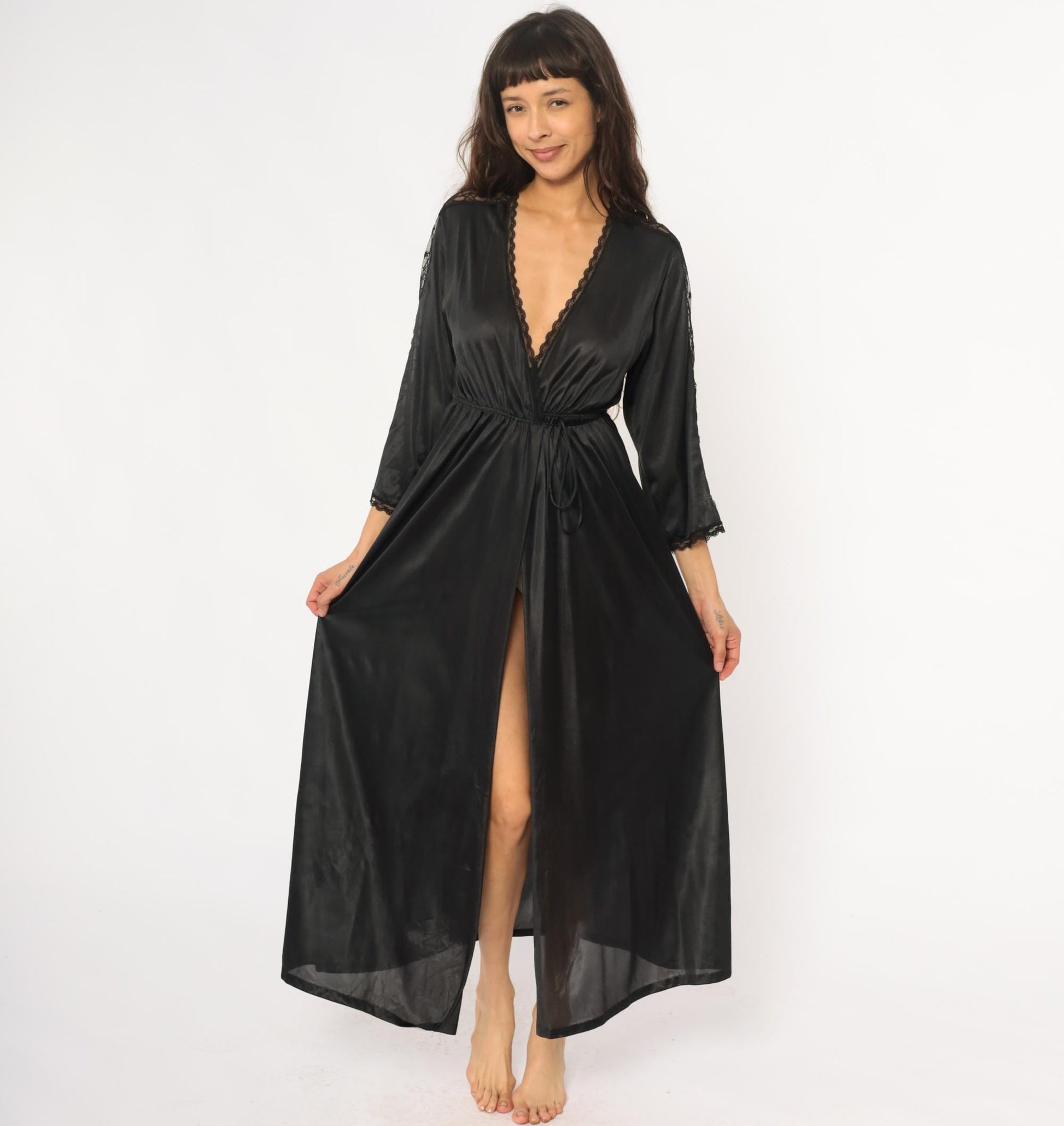 70s Black Nylon Lace Robe Maxi Wrap Front Deep V Neck Tie Waist Small