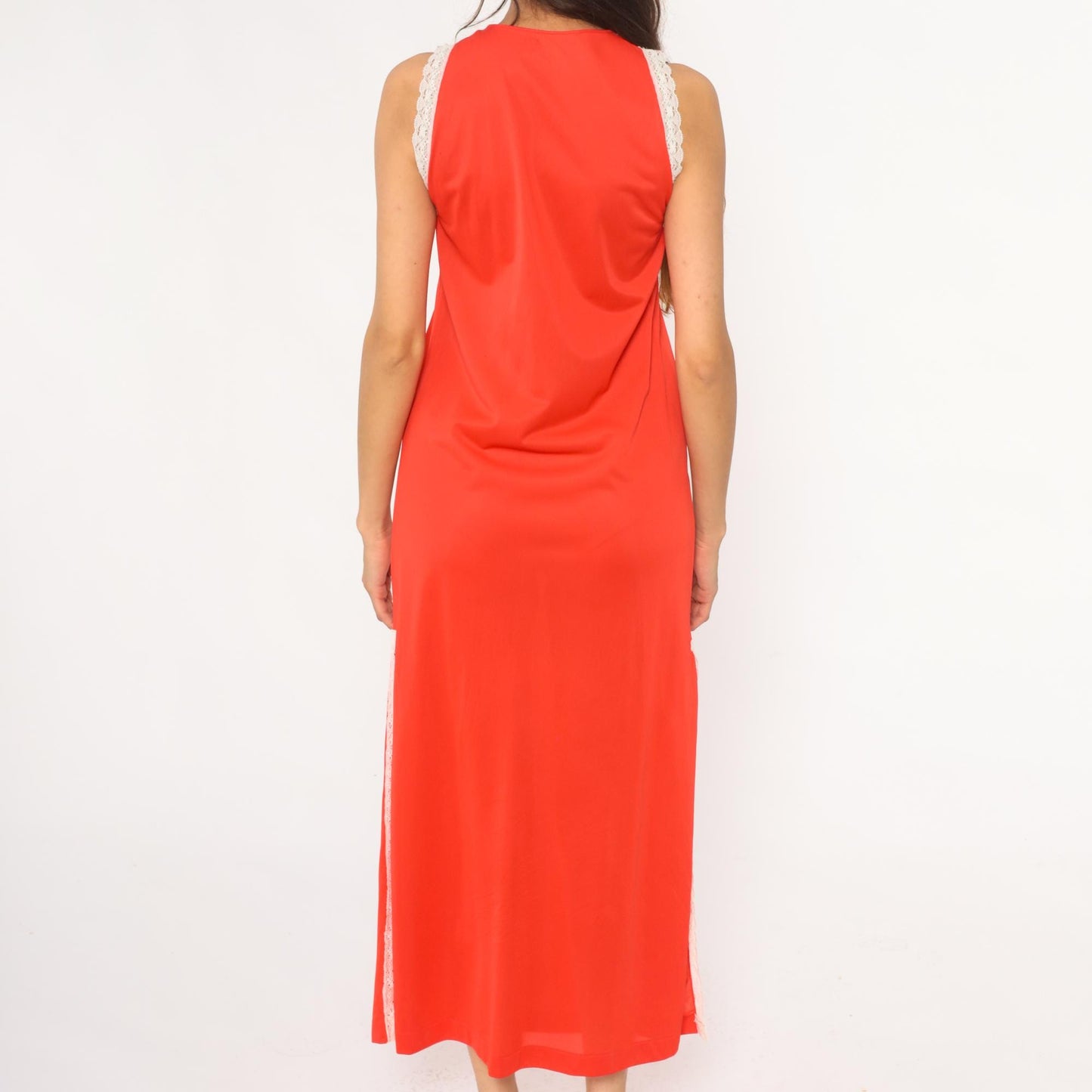 70s Coral Maxi Slip Dress Lace-Up Corset Front White Lace Trim Small