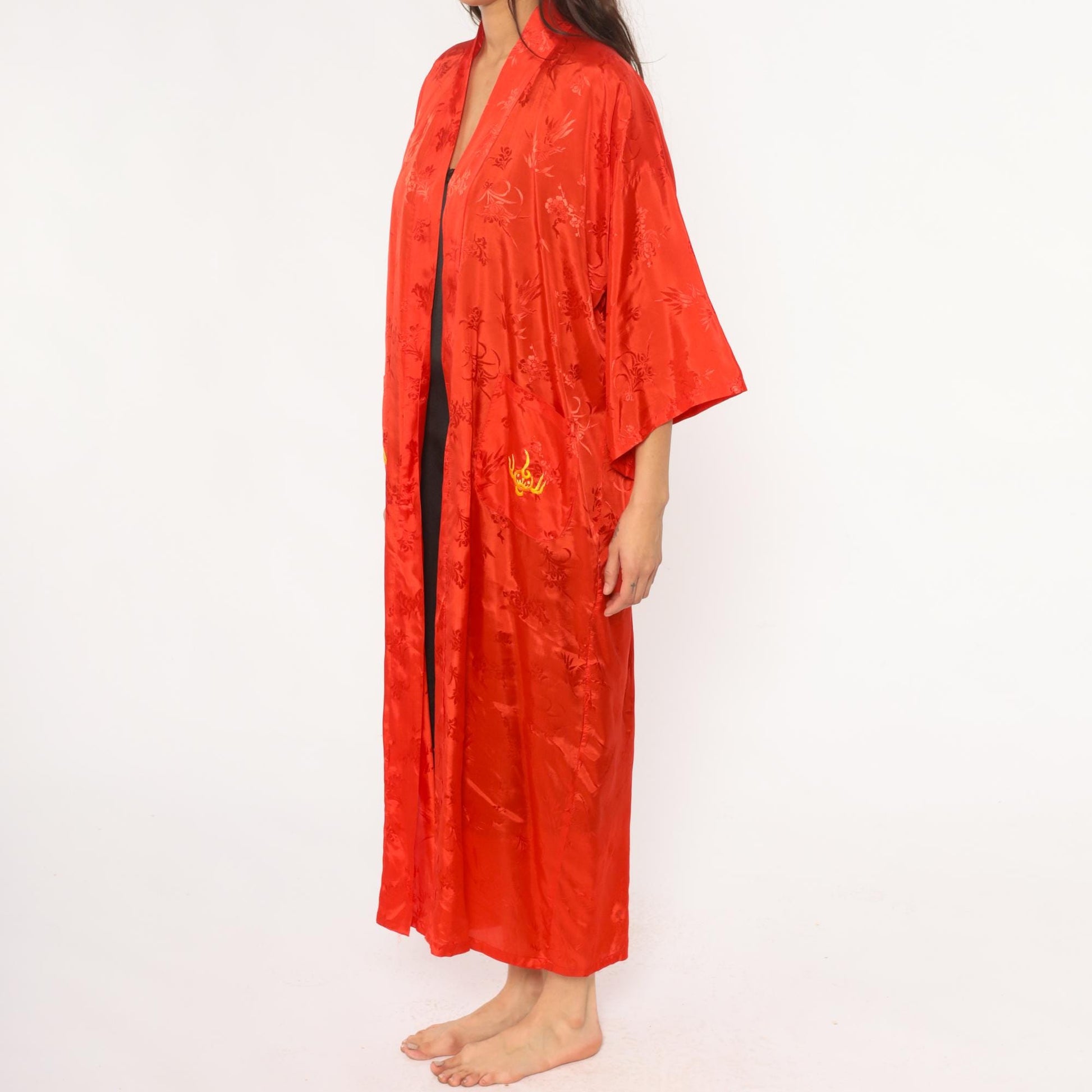80s Dragon Kimono Robe Red Satin Embroidered Dressing Gown Medium
