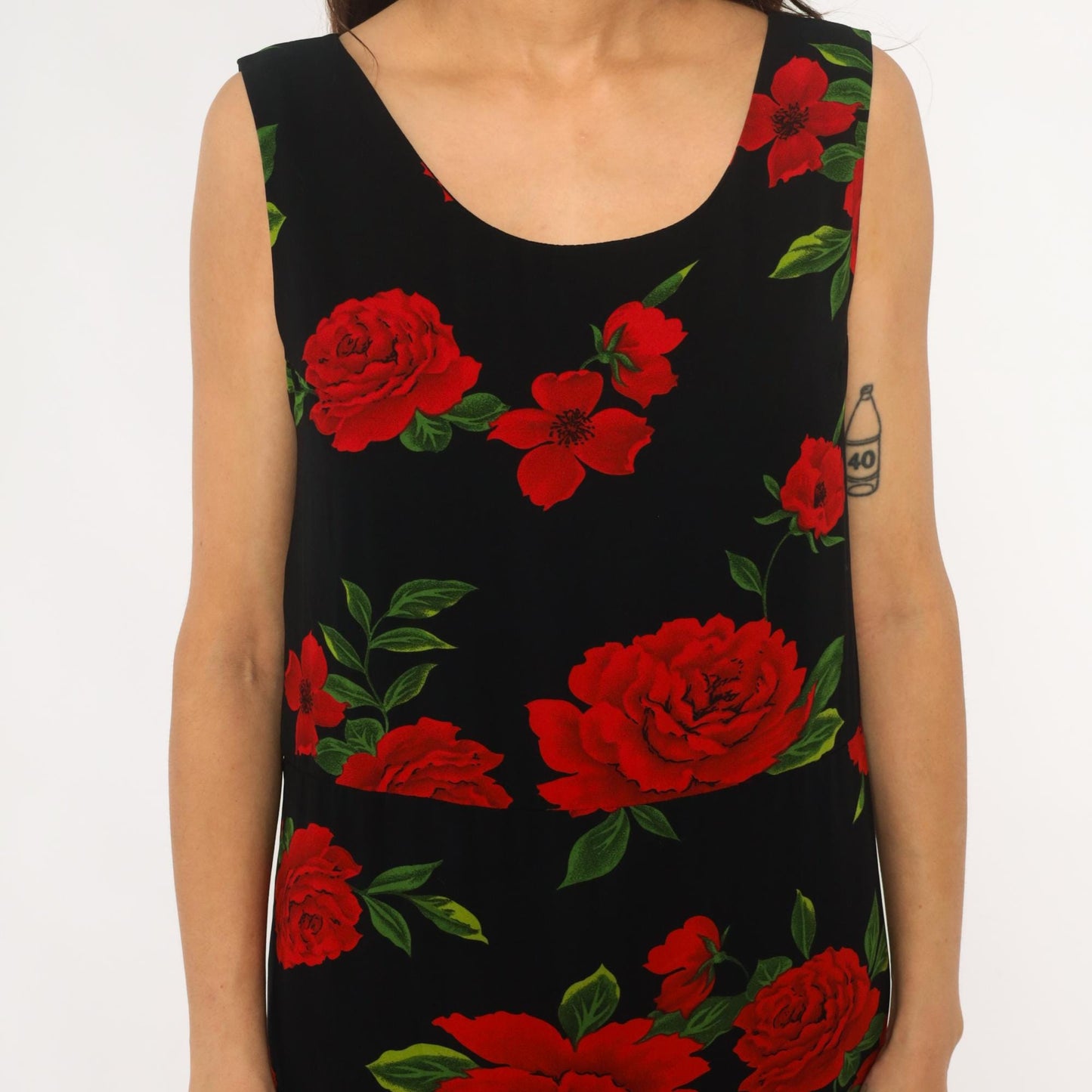 90s Black Maxi Dress Red Rose Floral Print Sleeveless Scoop Neck Medium