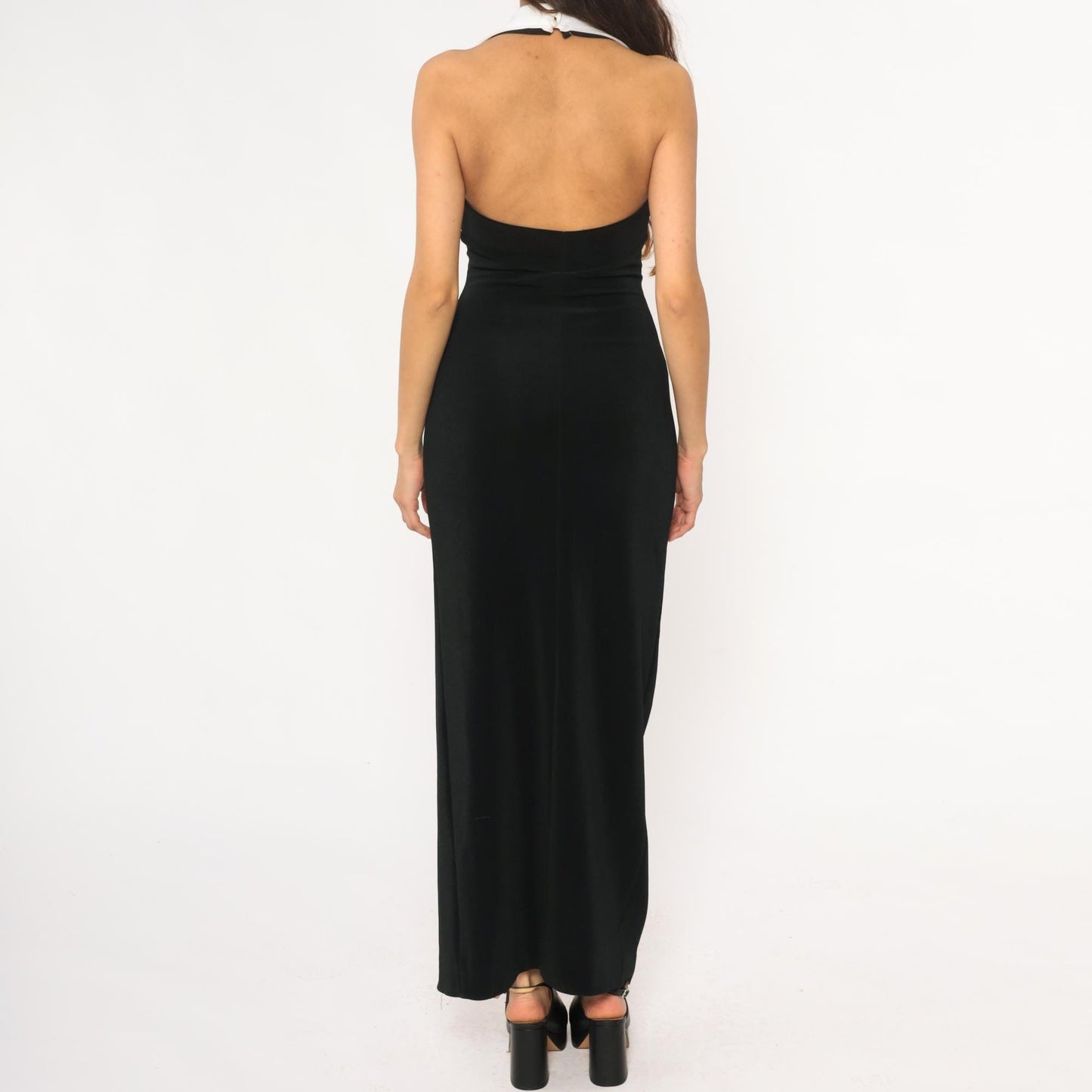 90s Cache Black Halter Maxi Dress White Collar Open Back Small S