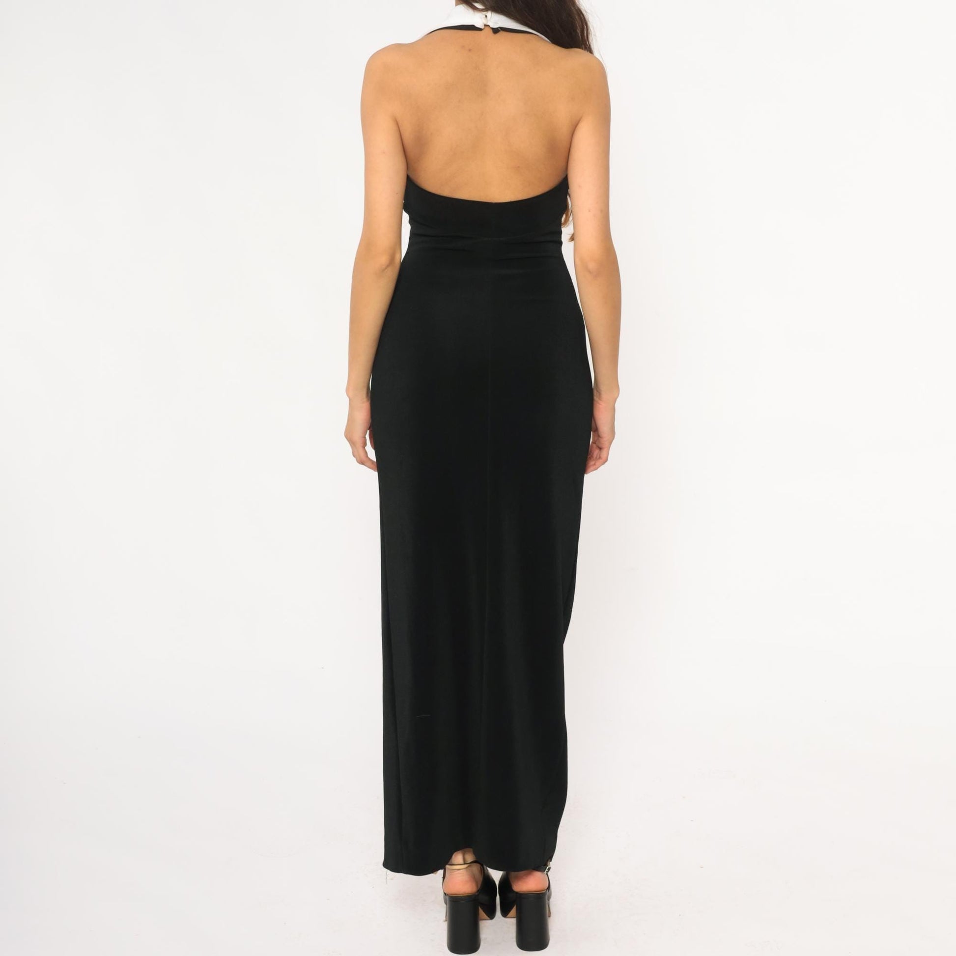90s Cache Black Halter Maxi Dress White Collar Open Back Small S