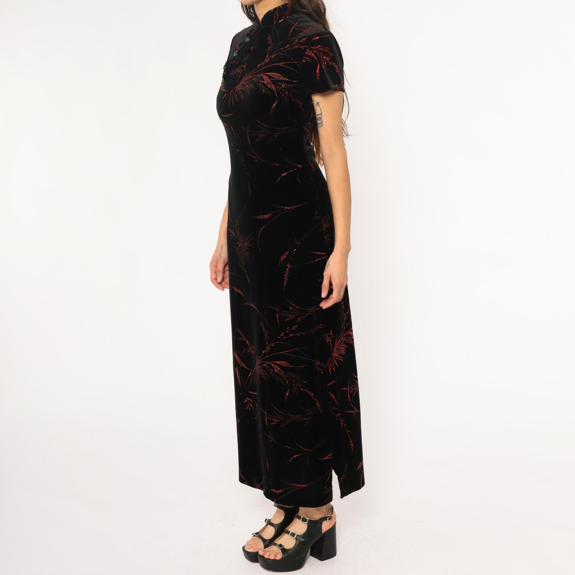 Y2K Black Velvet Maxi Dress Red Floral Cheongsam Mandarin Collar Small S