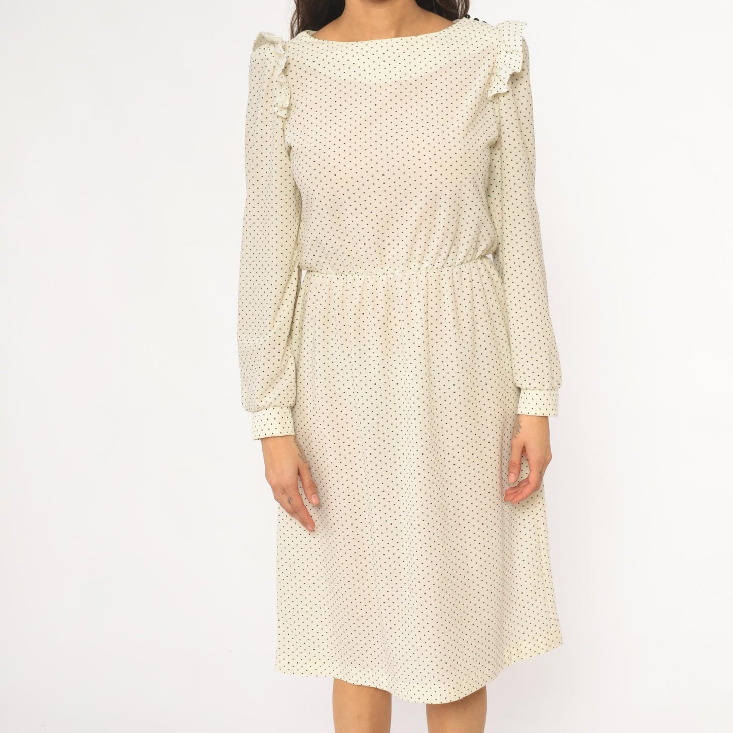 80s Ivory Polka Dot Midi Dress Ruffled Collar Long Sleeve Medium M