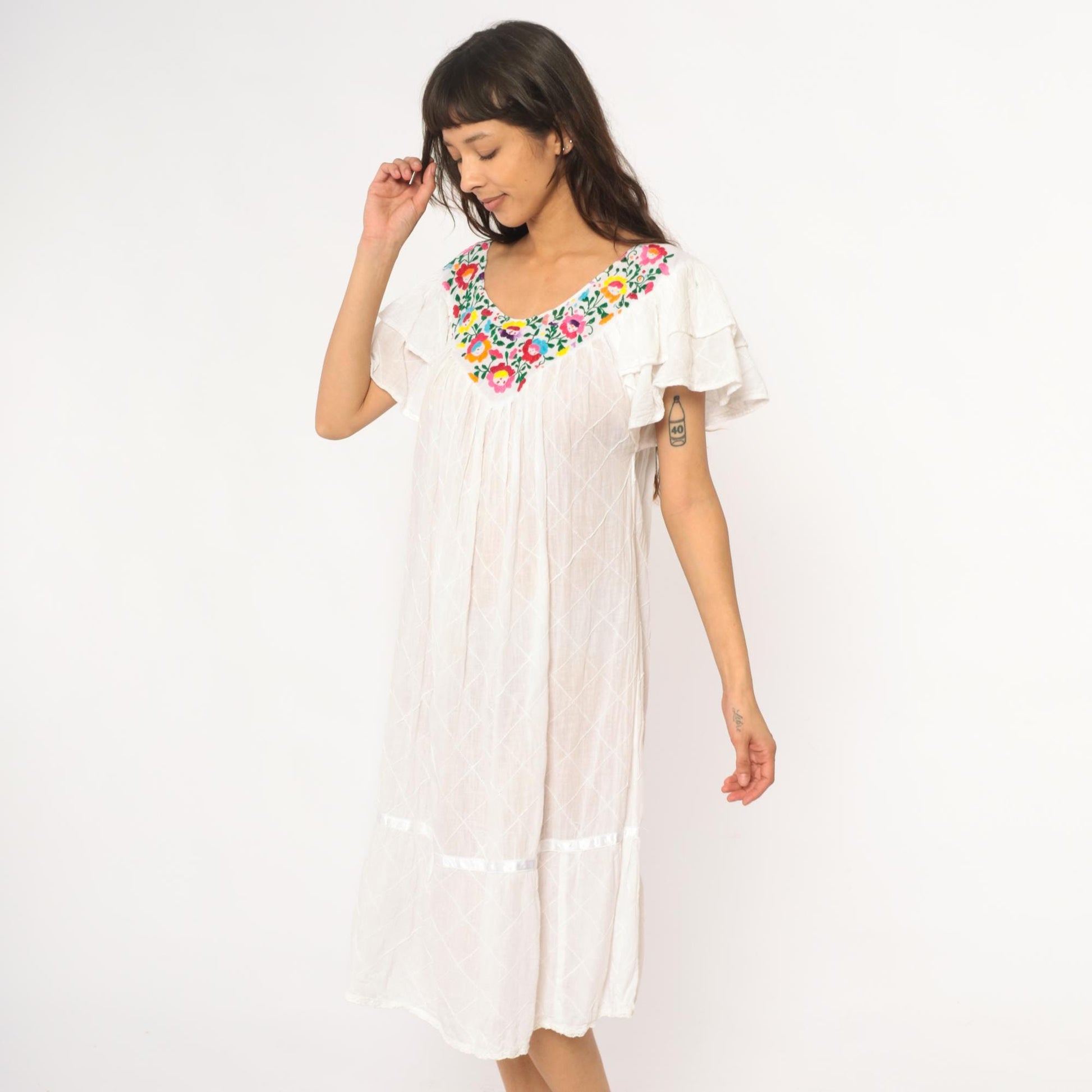 80s Mexican Embroidered White Cotton Midi Dress Floral Flutter Sleeve Small