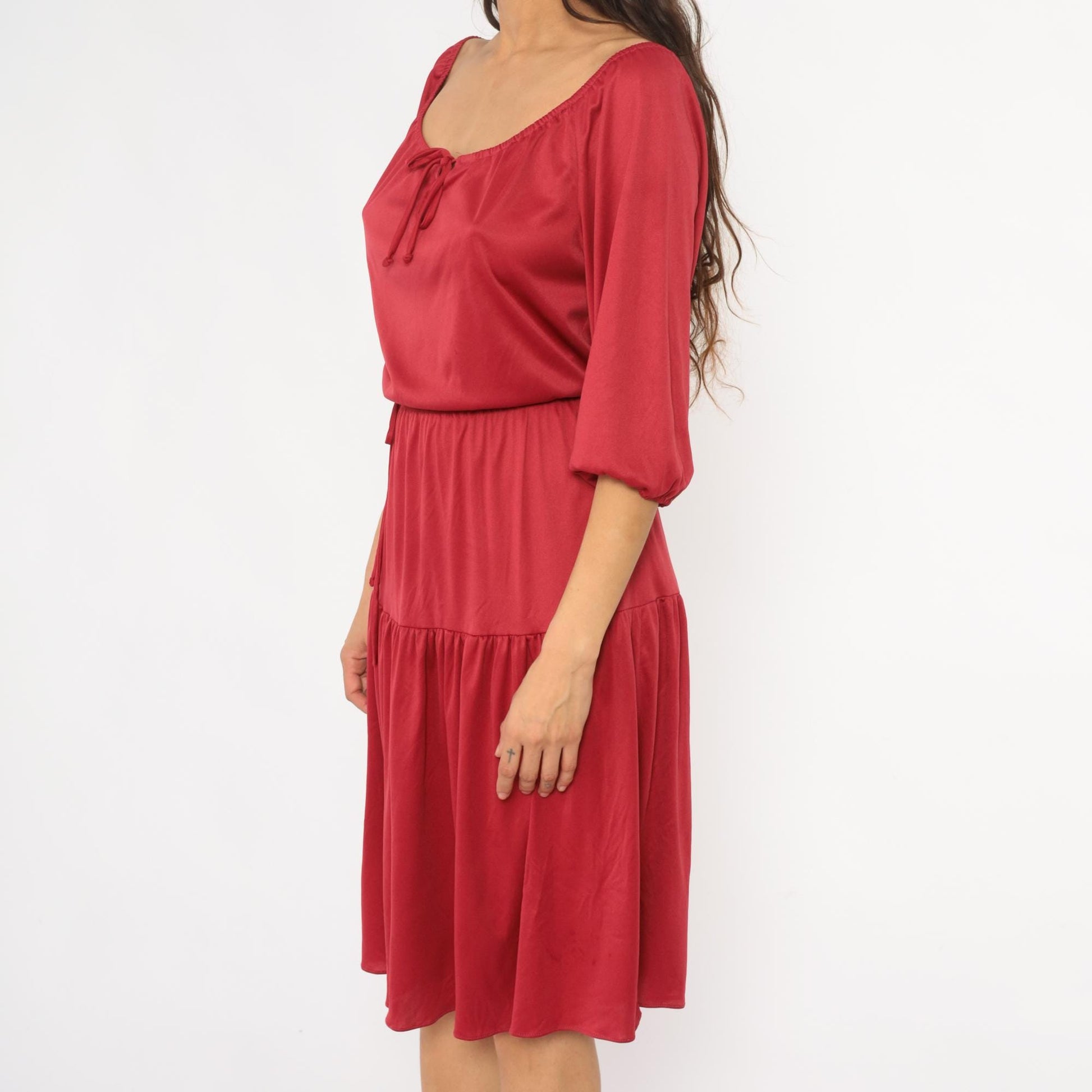 70s Cranberry Red Midi Dress Prairie Peasant Tiered Ruffle Drawstring Small Medium