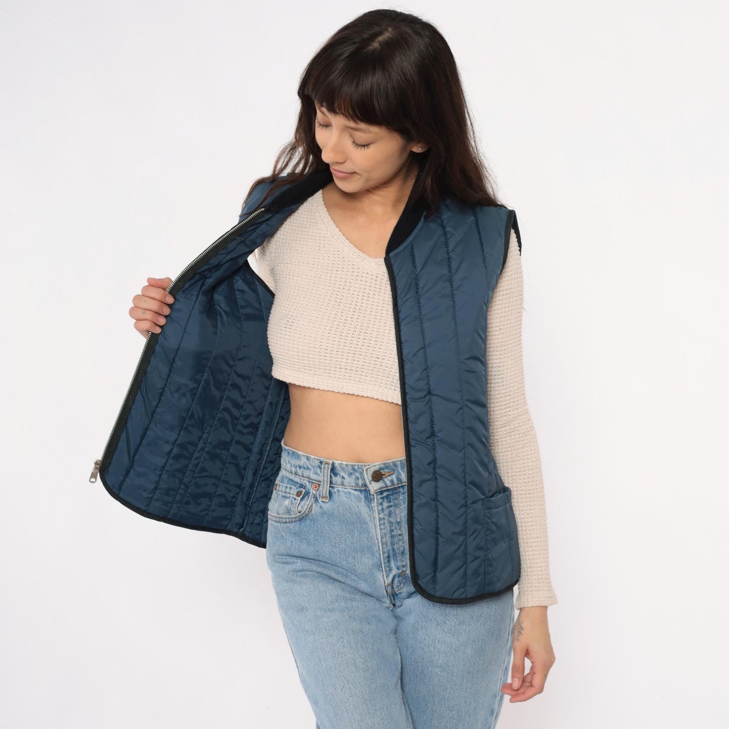 80s Sears Navy Quilted Vest Zip Front Puffer Sleeveless Medium