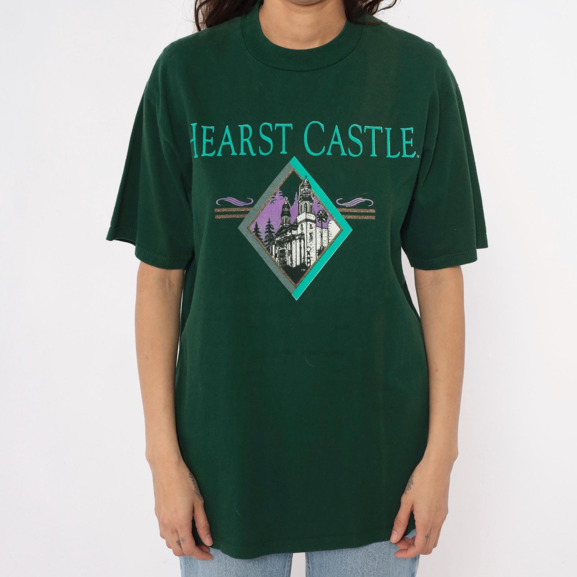 90s Hearst Castle California Tourist Tee Forest Green Cotton Graphic Large L