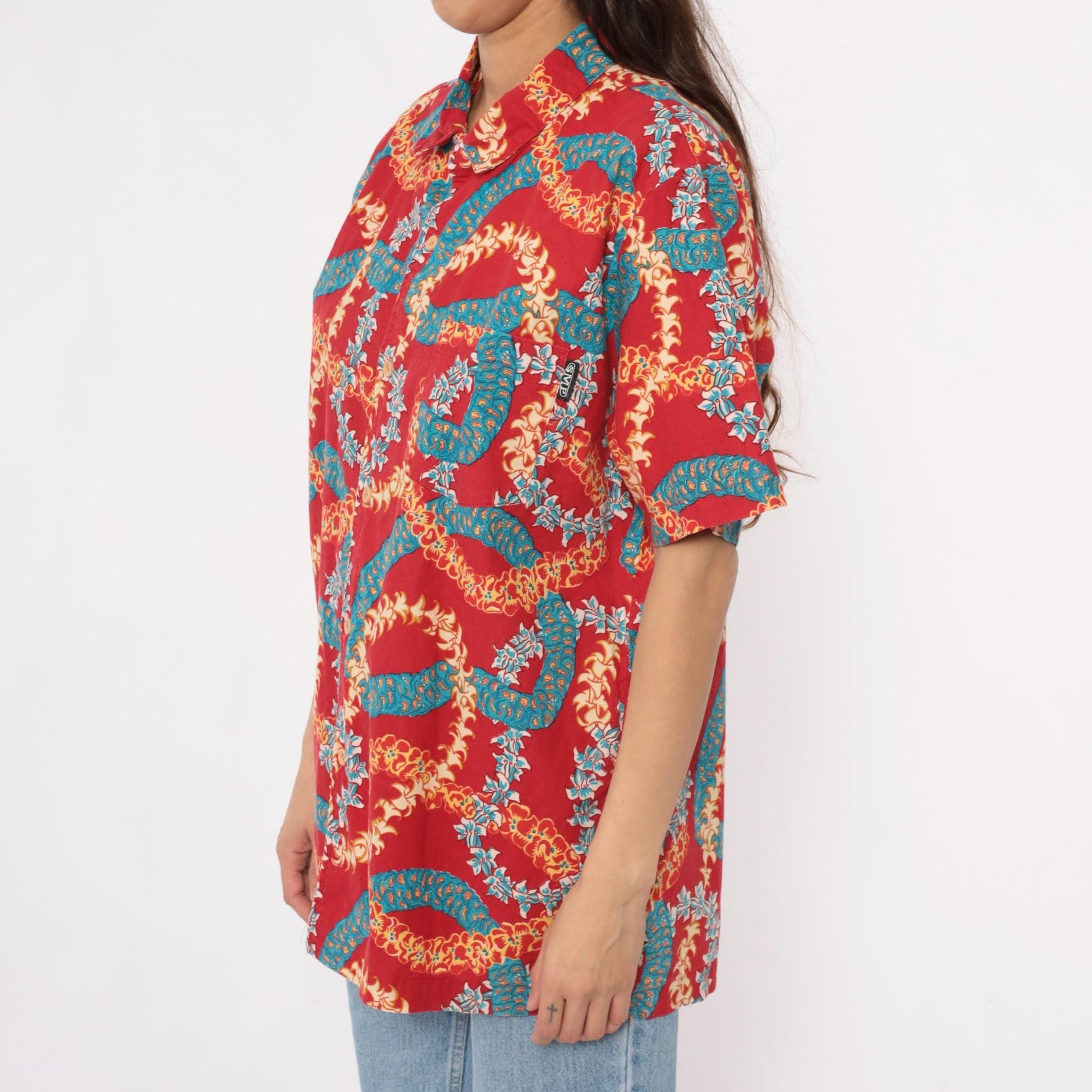 90s Hawaiian Shirt Red Lei Print Camp Collar Cotton Mens Extra Large XL