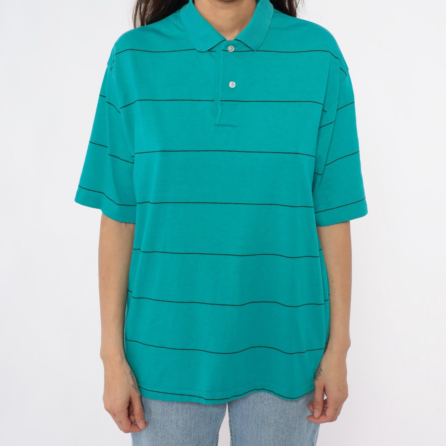 80s Chesterfield Teal Striped Polo Shirt Black Lines Cotton Large L