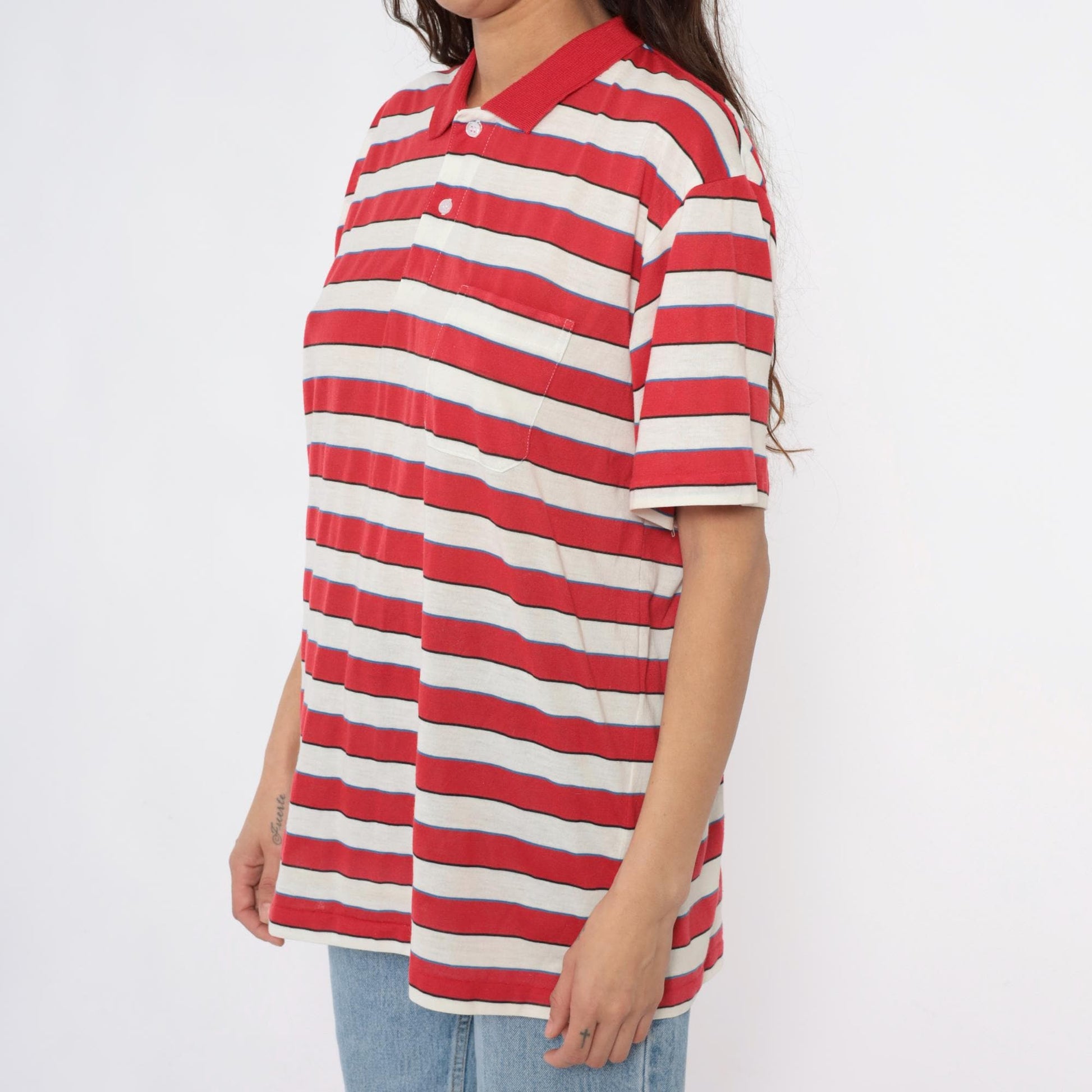 80s Striped Polo Shirt Red Cream Blue Horizontal Stripes Short Sleeve Extra Large XL
