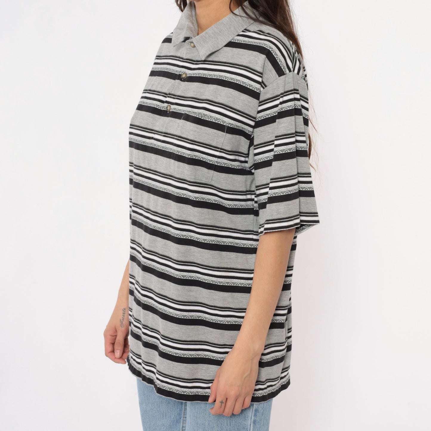 90s Classic by Palmland Striped Polo Shirt Grey Black White Extra Large XL