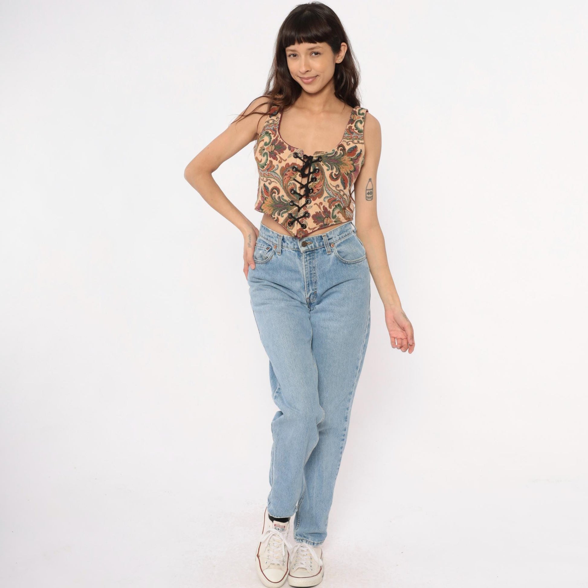 90s B Coole Designs Tapestry Lace-Up Vest Paisley Green Beige Small