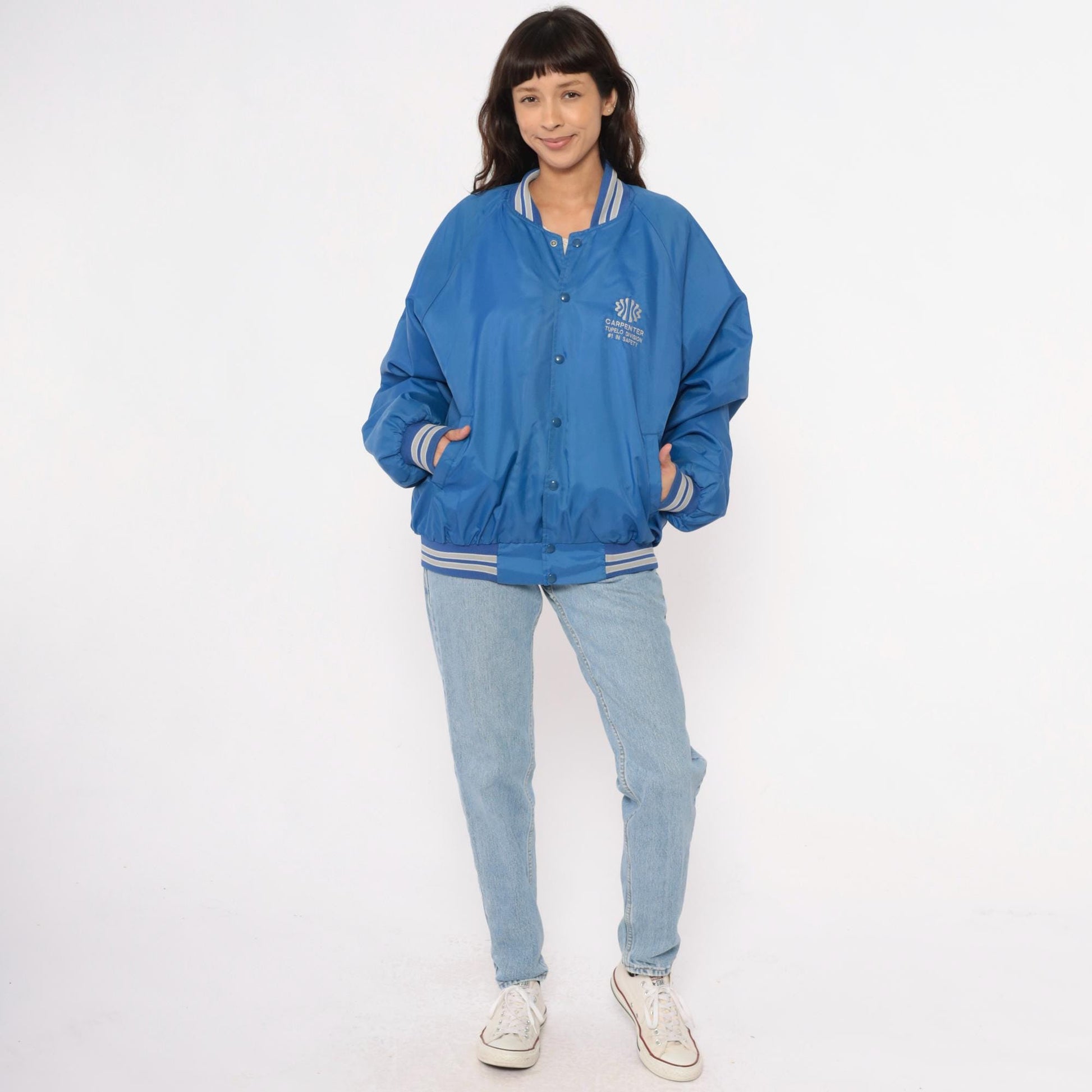 80s Blue Bomber Jacket Carpenter Tupelo Division Snap Button Raglan Medium