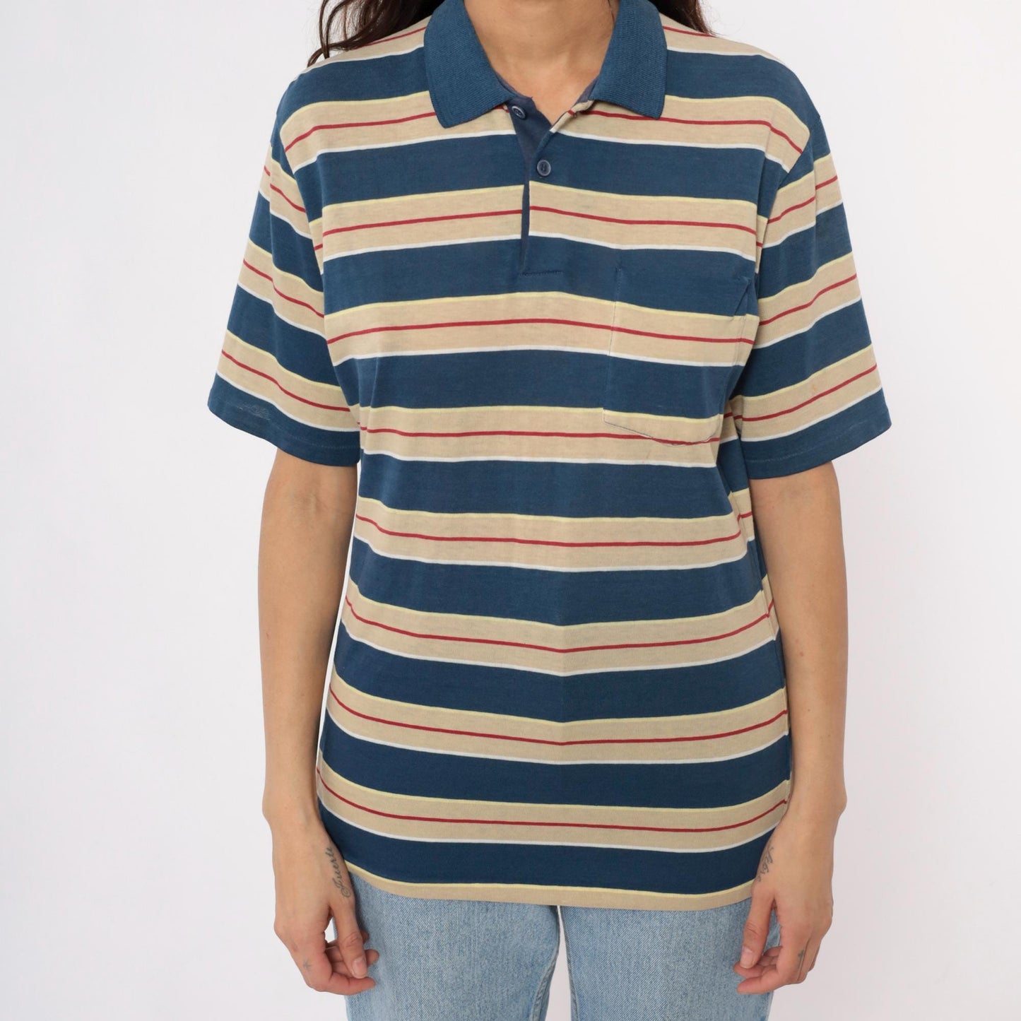 80s Striped Polo Shirt Navy Cream Red Horizontal Stripes Unisex Large
