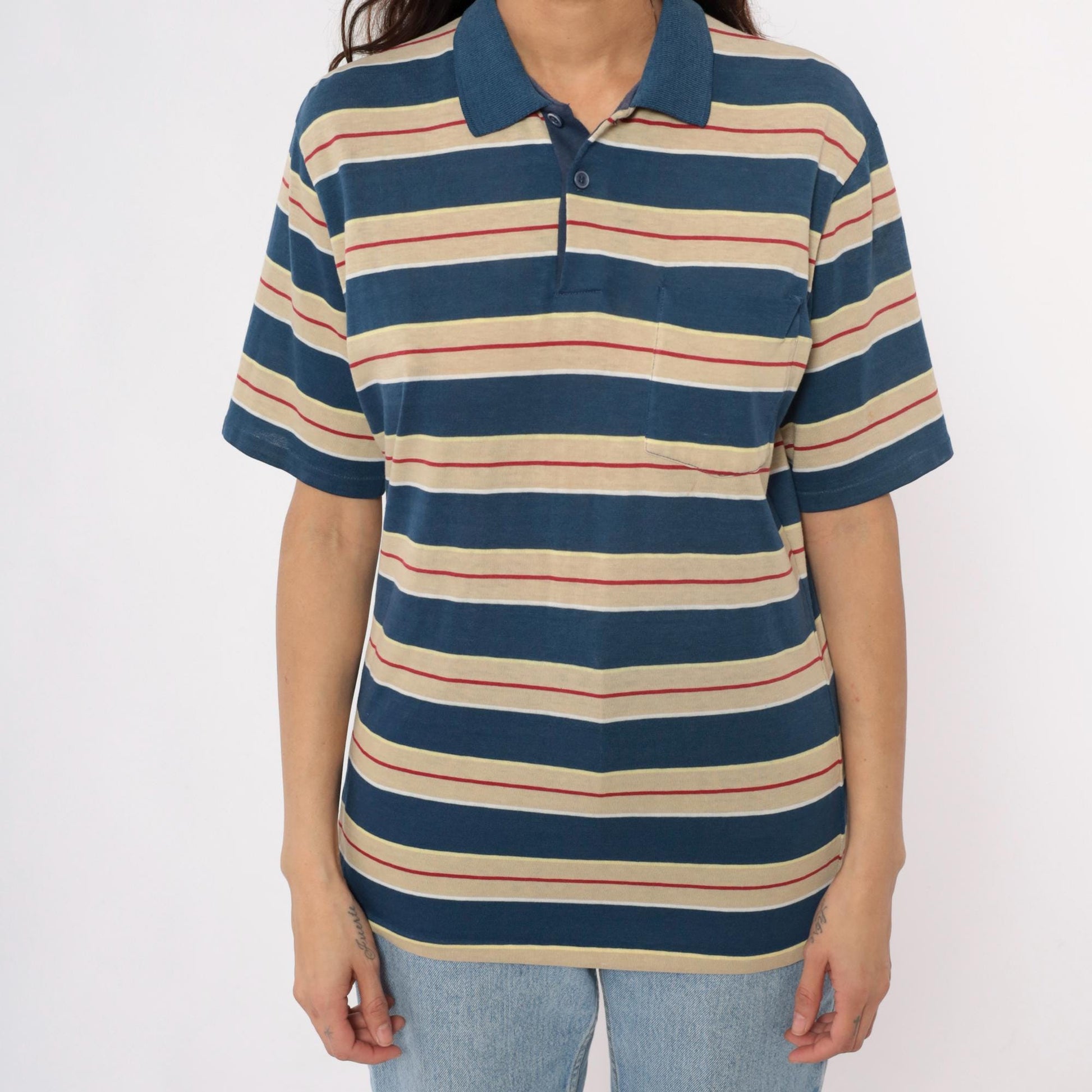 80s Striped Polo Shirt Navy Cream Red Horizontal Stripes Unisex Large
