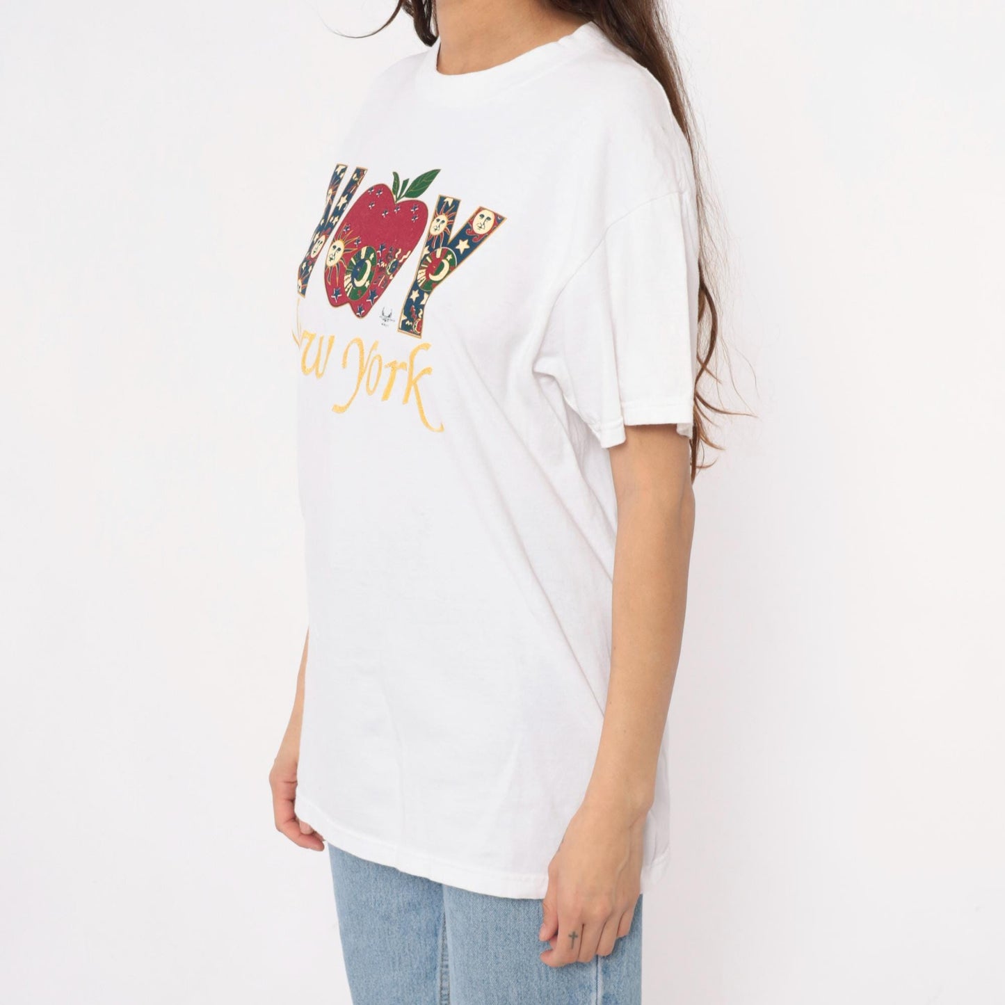 90s New York Celestial Graphic T-Shirt White Cotton Medium M