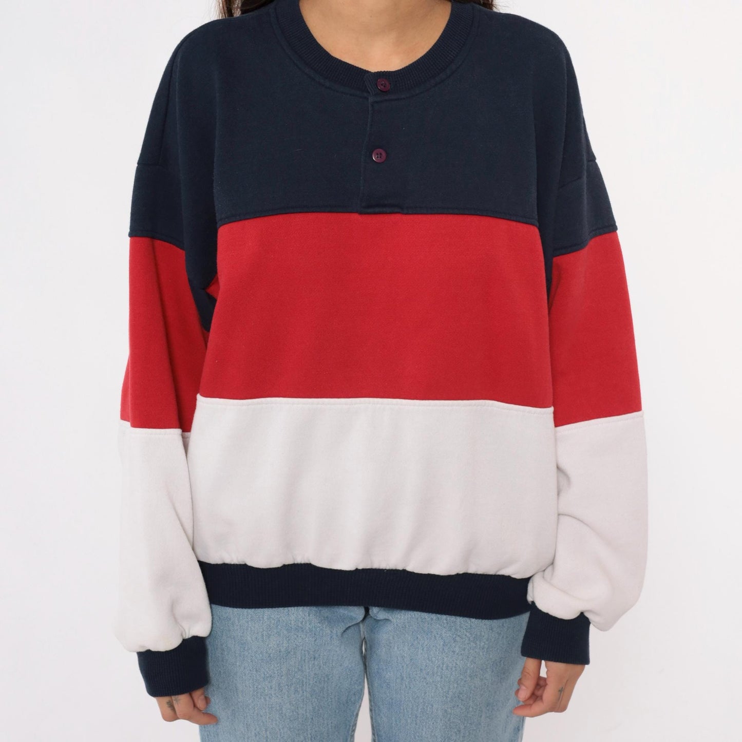 80s Color Block Sweatshirt Navy Red White Striped Henley Button Neck Medium