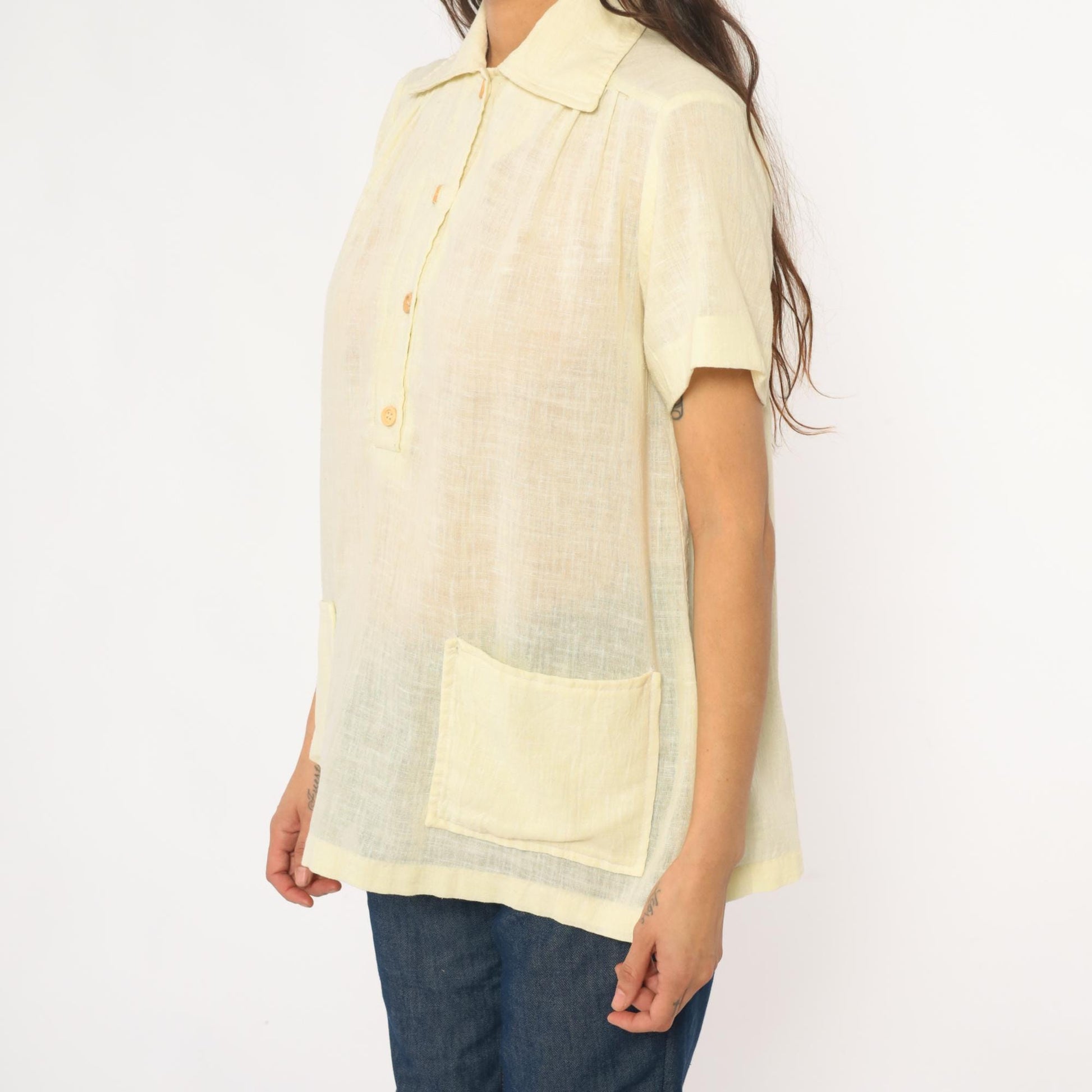 70s Pale Yellow Collared Shirt Pintuck Pleated Camp Blouse Medium M