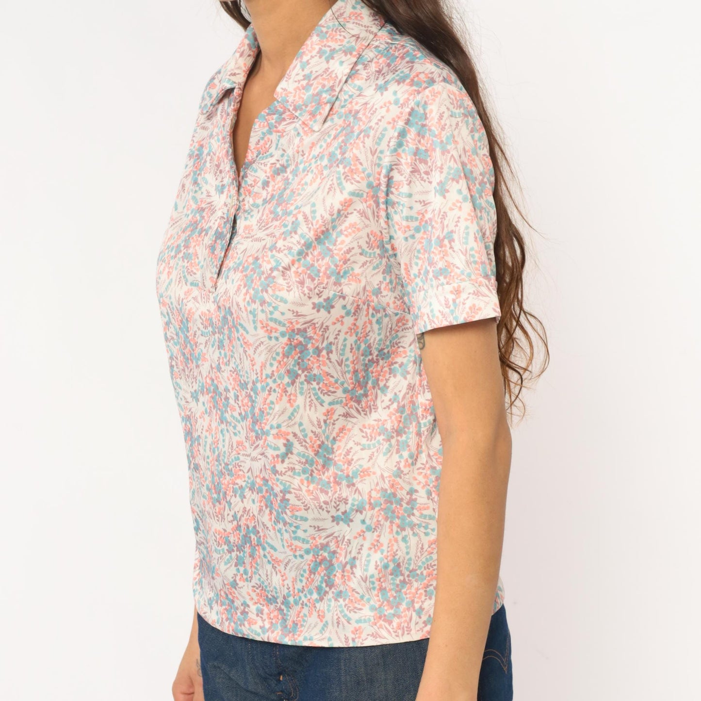 70s Floral Collared Blouse Cream Pink Turquoise Burgundy Short Sleeve Medium M