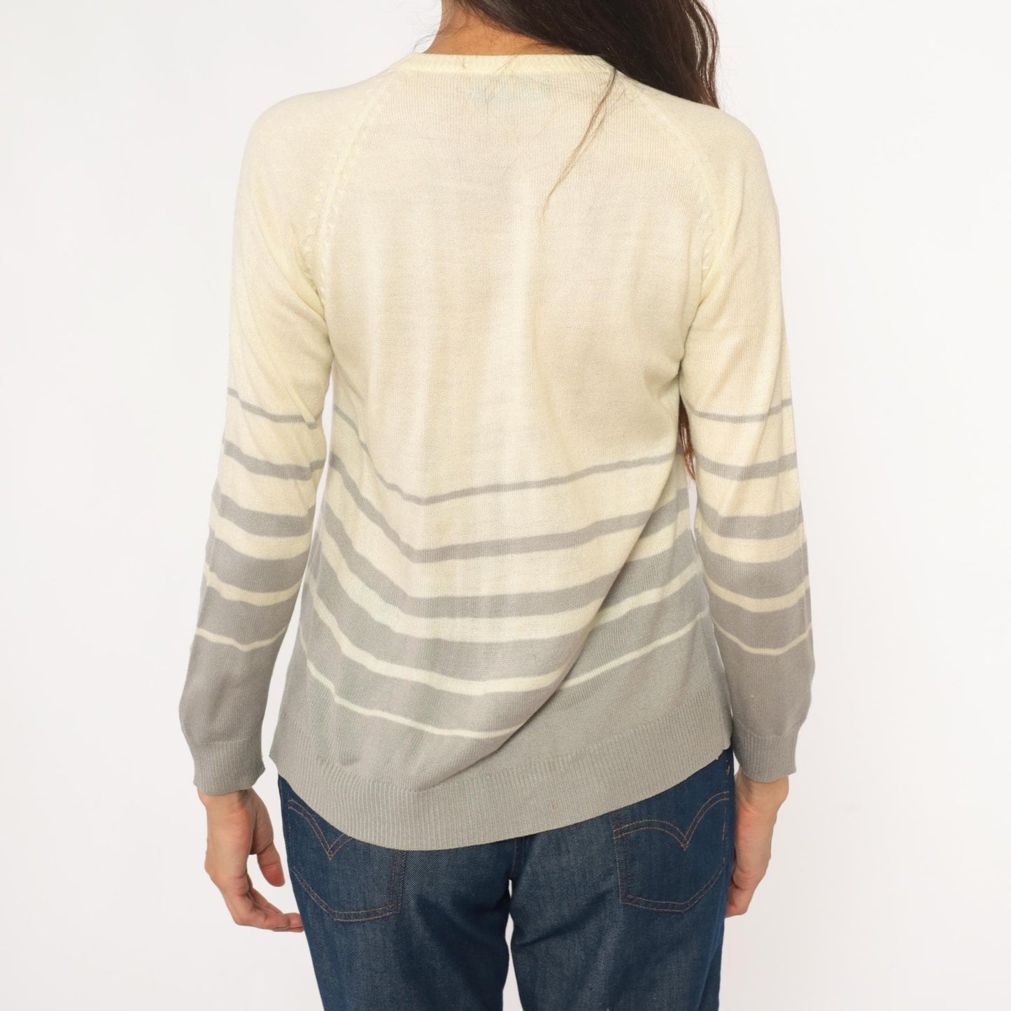 90s Jo-in Floral Embroidered Cardigan Cream Striped Knit Extra Small XS