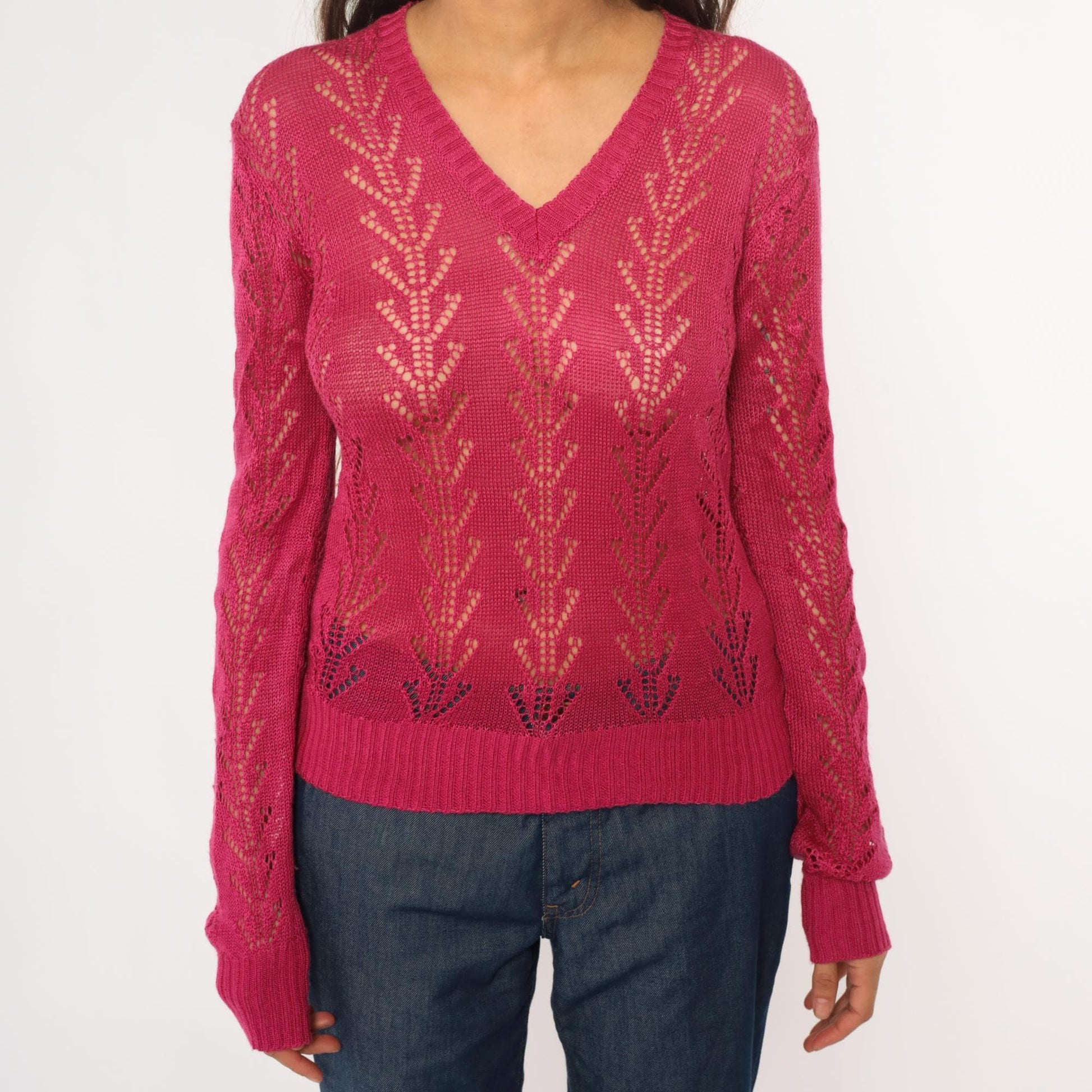 70s Alice Kim Hot Pink Pointelle Knit Sweater Chevron V-Neck Small