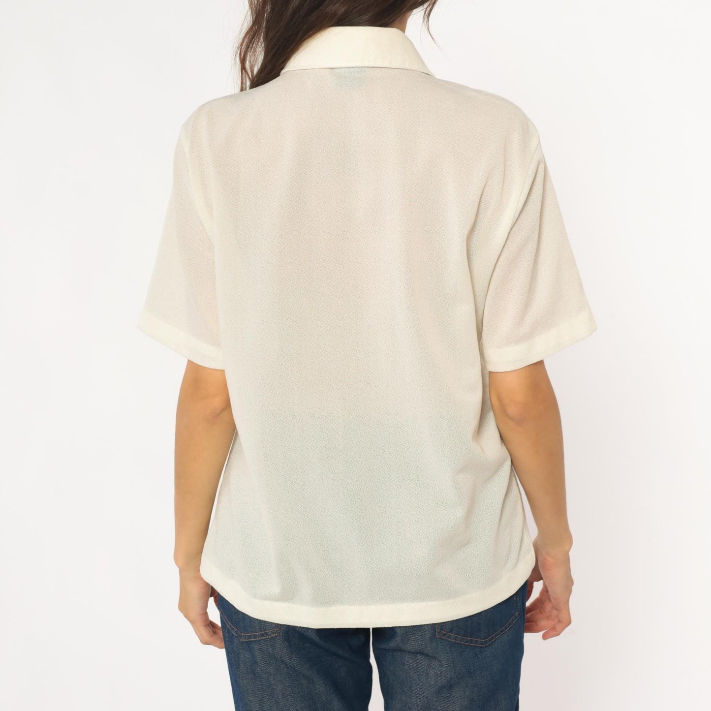 70s JC Penney Towncraft Cream Polo Blouse Pointed Collar Ribbed Large