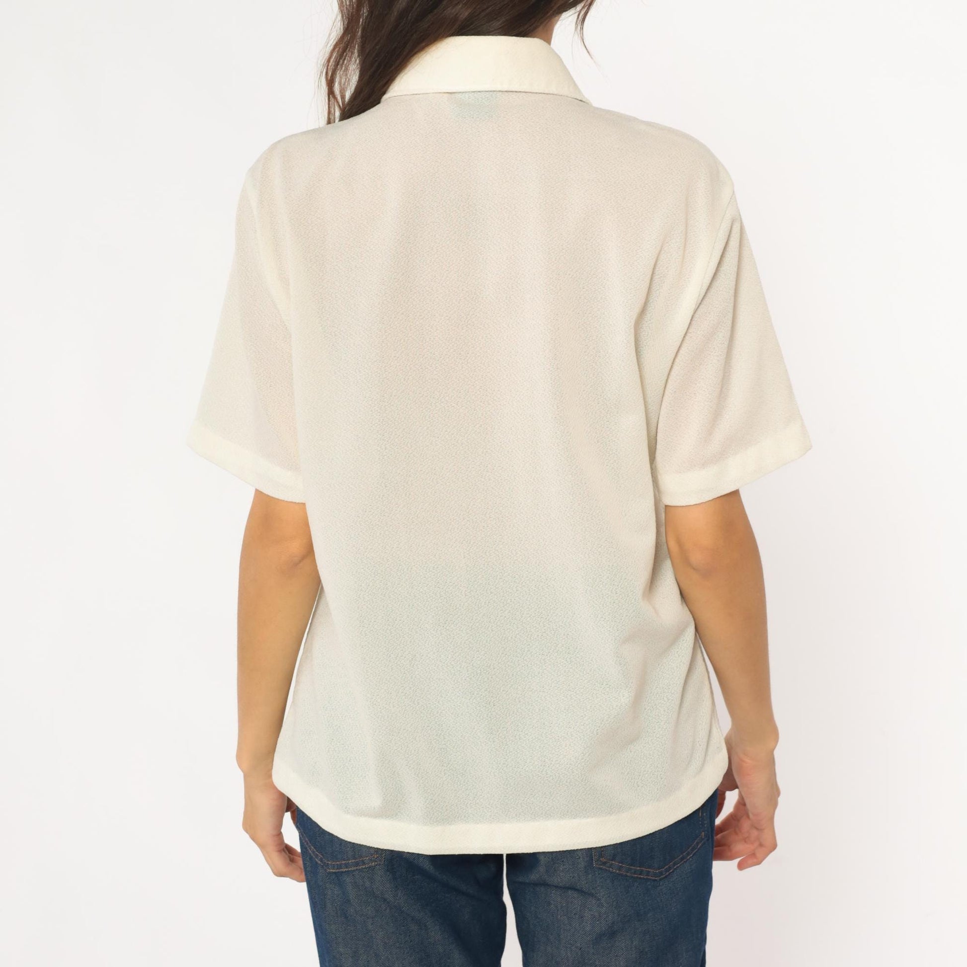 70s JC Penney Towncraft Cream Polo Blouse Pointed Collar Ribbed Large