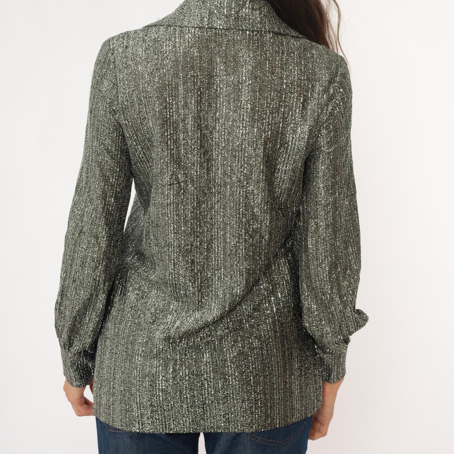 80s Ruth Walter Metallic Silver Blouse Pointed Collar Long Sleeve Small