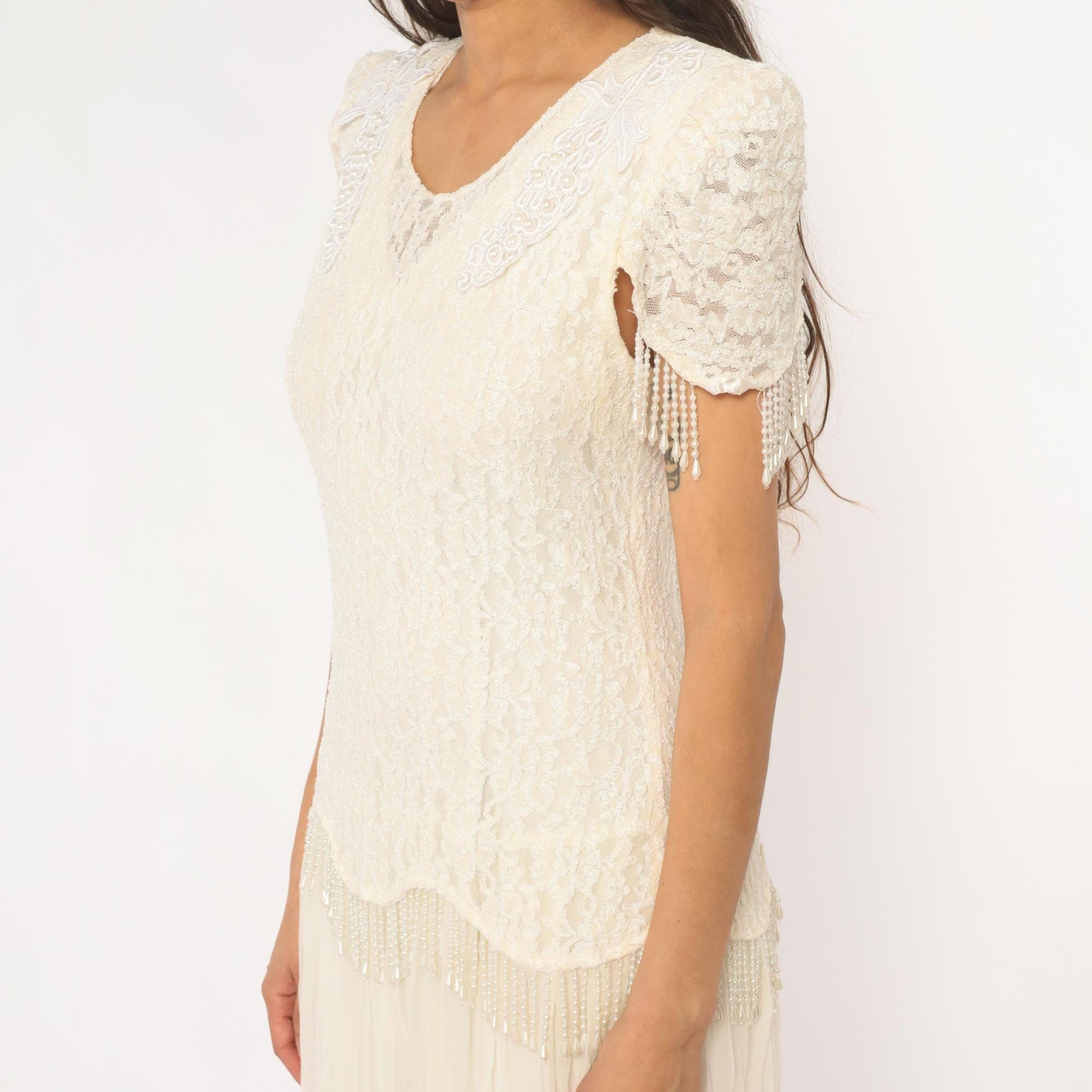80s Cream Lace Puff Sleeve Dress Beaded Grape Detail Maxi Large L