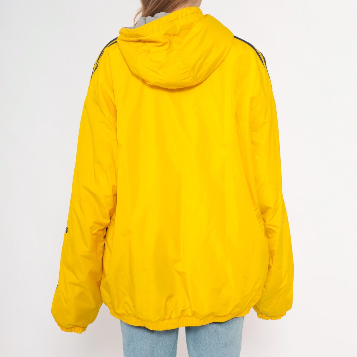 Y2K Adidas Yellow Windbreaker Hooded Jacket Navy Stripe Large L