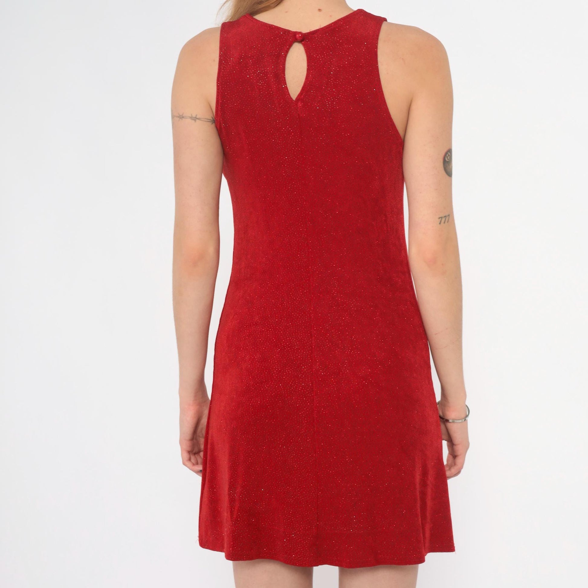 90s Red Sparkle Mini Dress Sleeveless Keyhole Back Small S