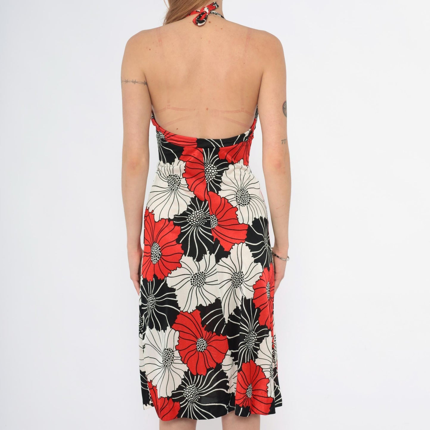 70s Halter Dress Floral Red Black Cream Plunge Neckline Small