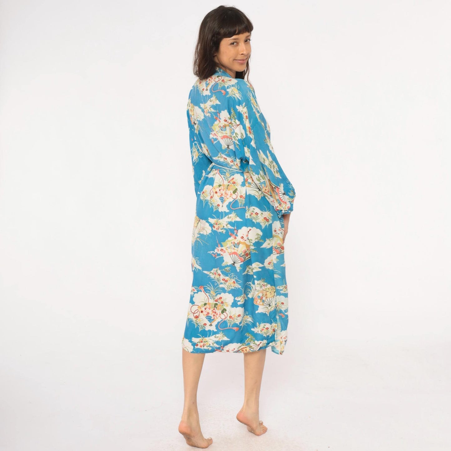 80s Japanese Fan Kimono Robe Blue Floral Maxi Cotton Wrap Large L