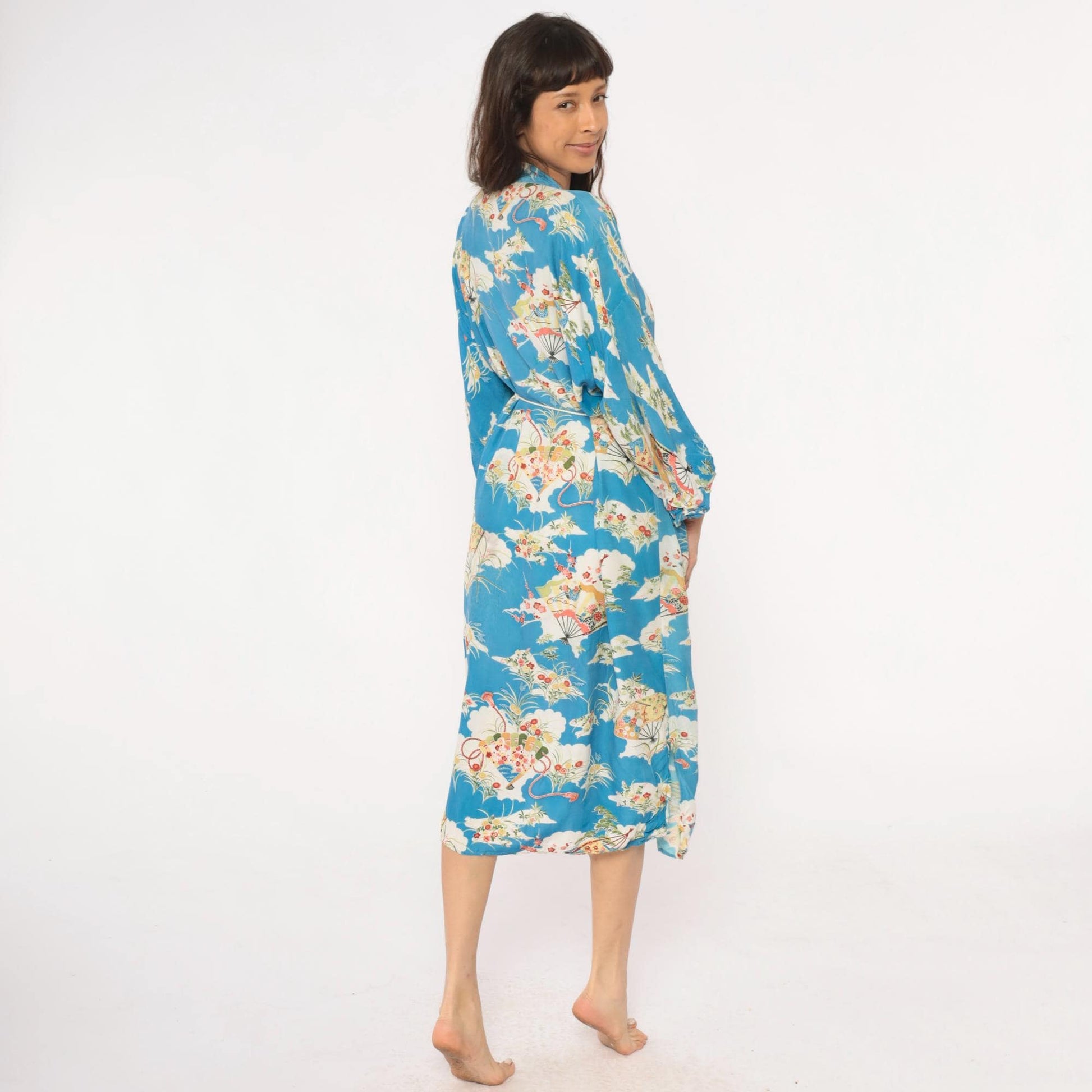 80s Japanese Fan Kimono Robe Blue Floral Maxi Cotton Wrap Large L