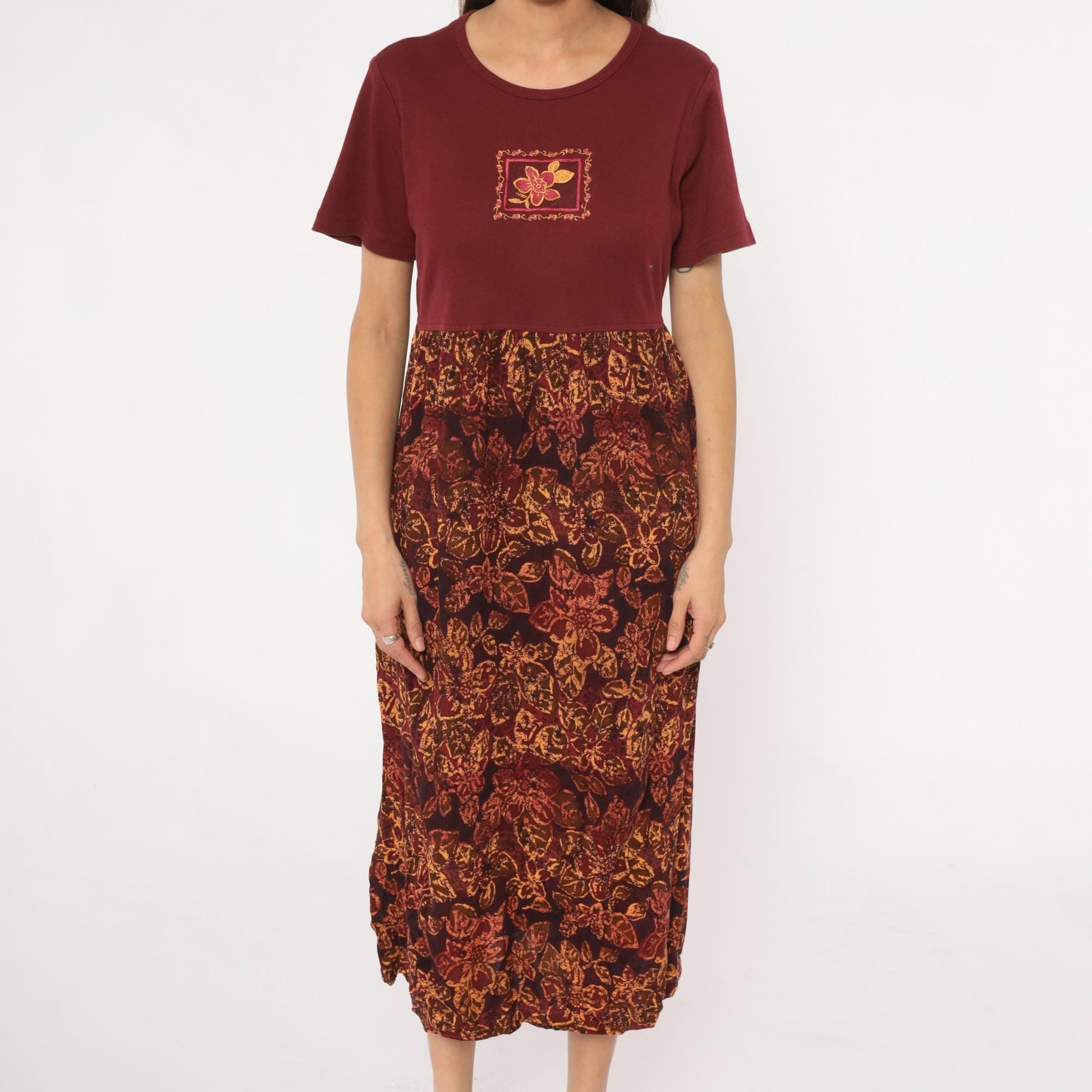 90s Burgundy Colorblock Floral Embroidered Midi Dress Rayon Medium M