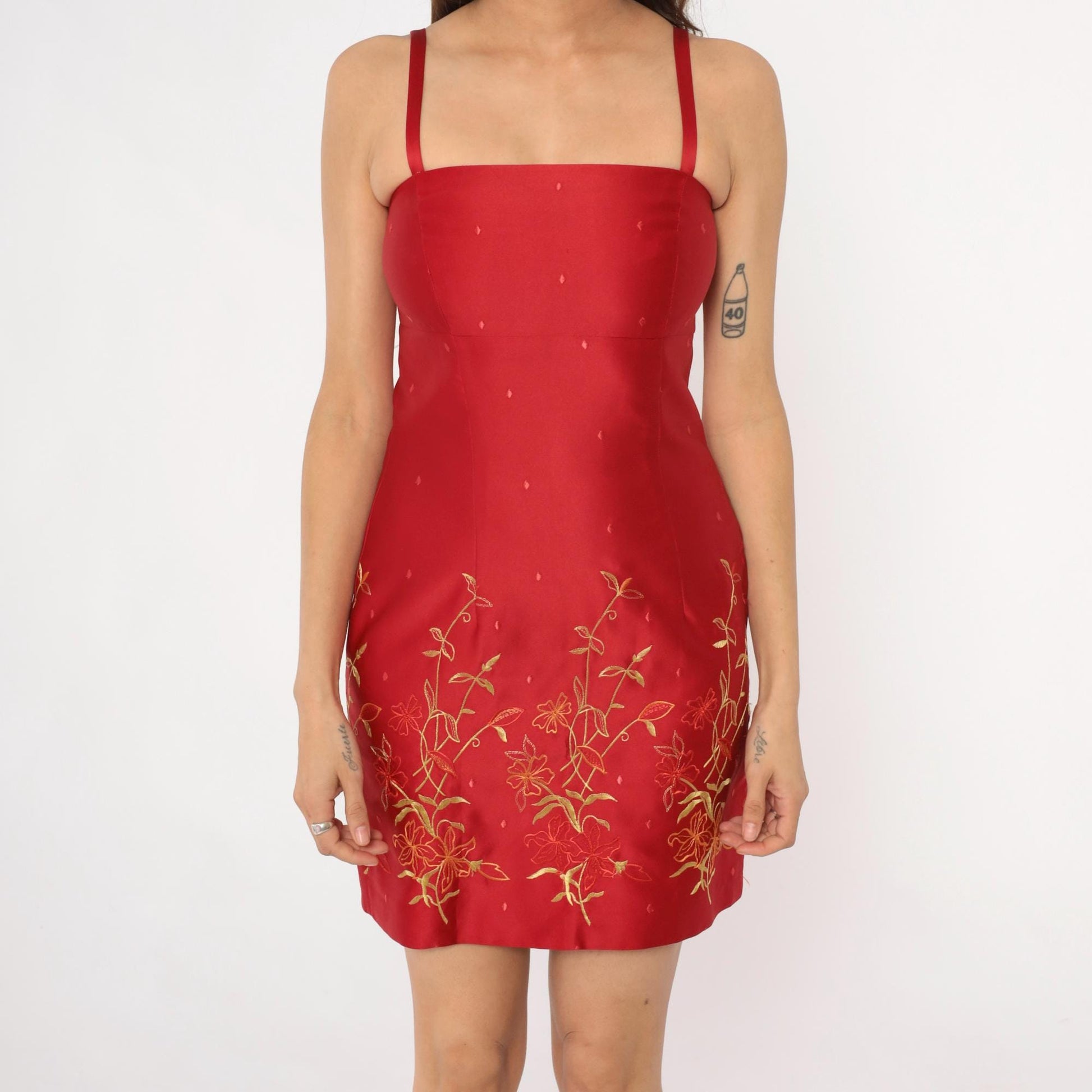 90s Burgundy Mini Dress Gold Embroidered Floral Spaghetti Strap Small