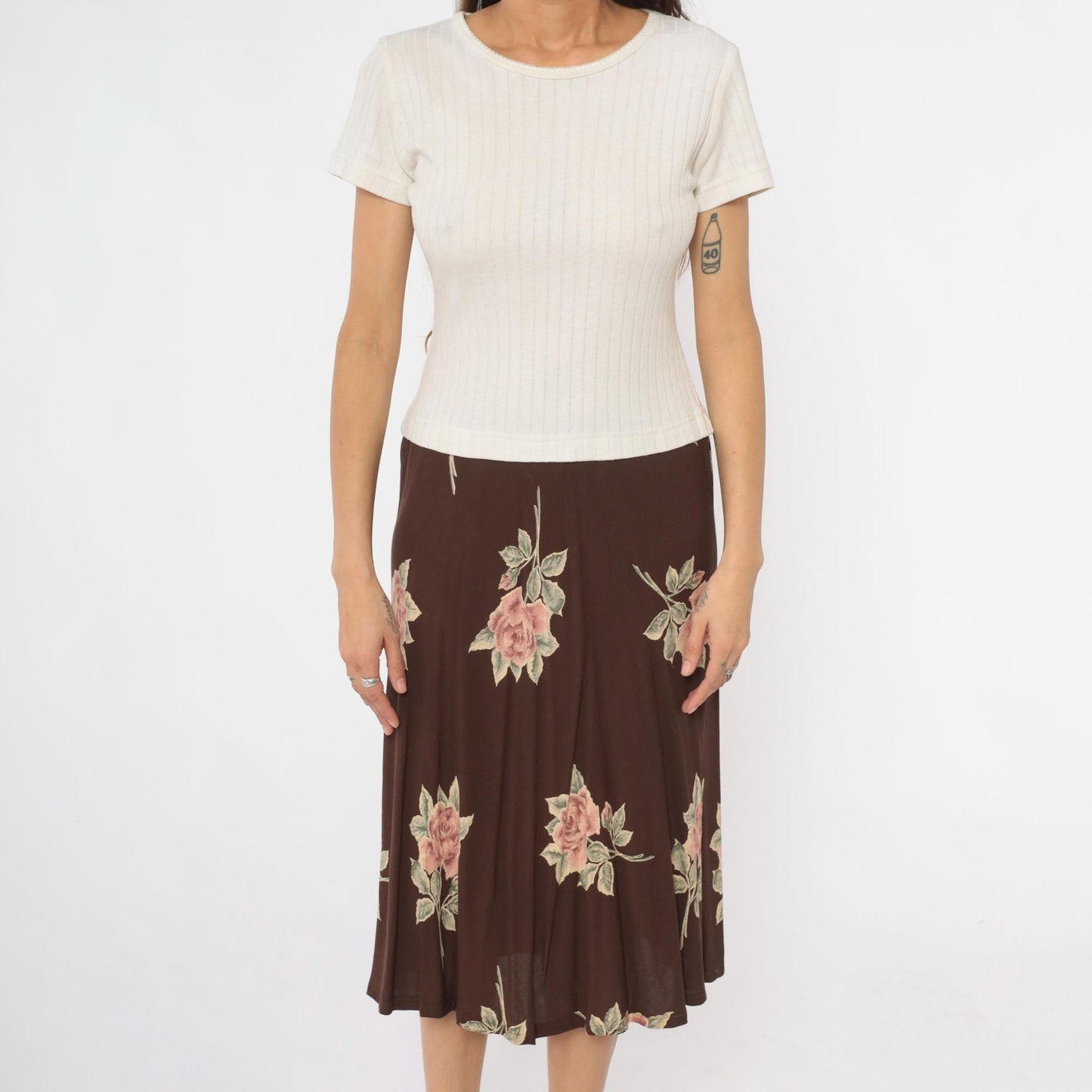90s Cristina Colorblock Midi Dress Cream Ribbed Knit Brown Floral Medium