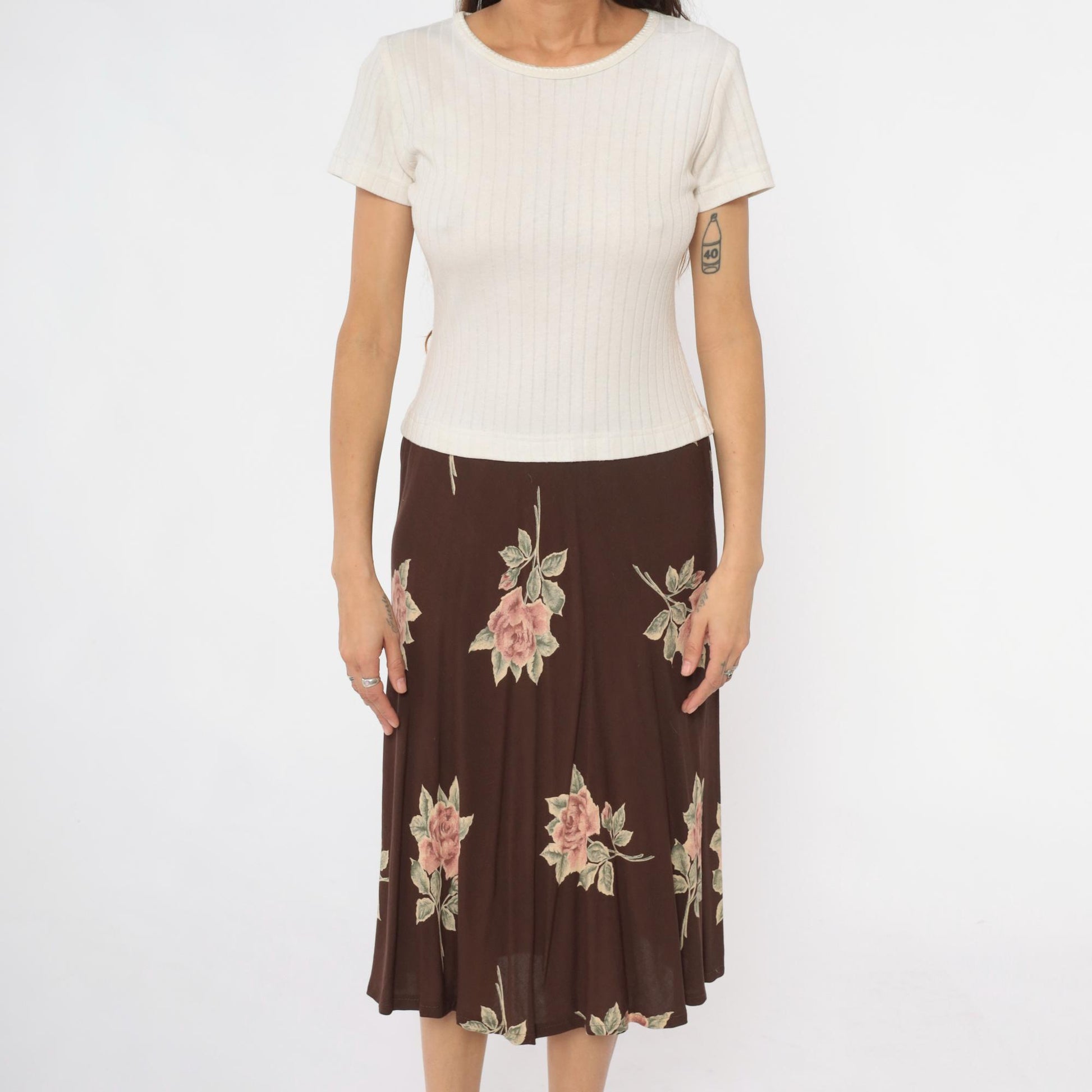 90s Cristina Colorblock Midi Dress Cream Ribbed Knit Brown Floral Medium