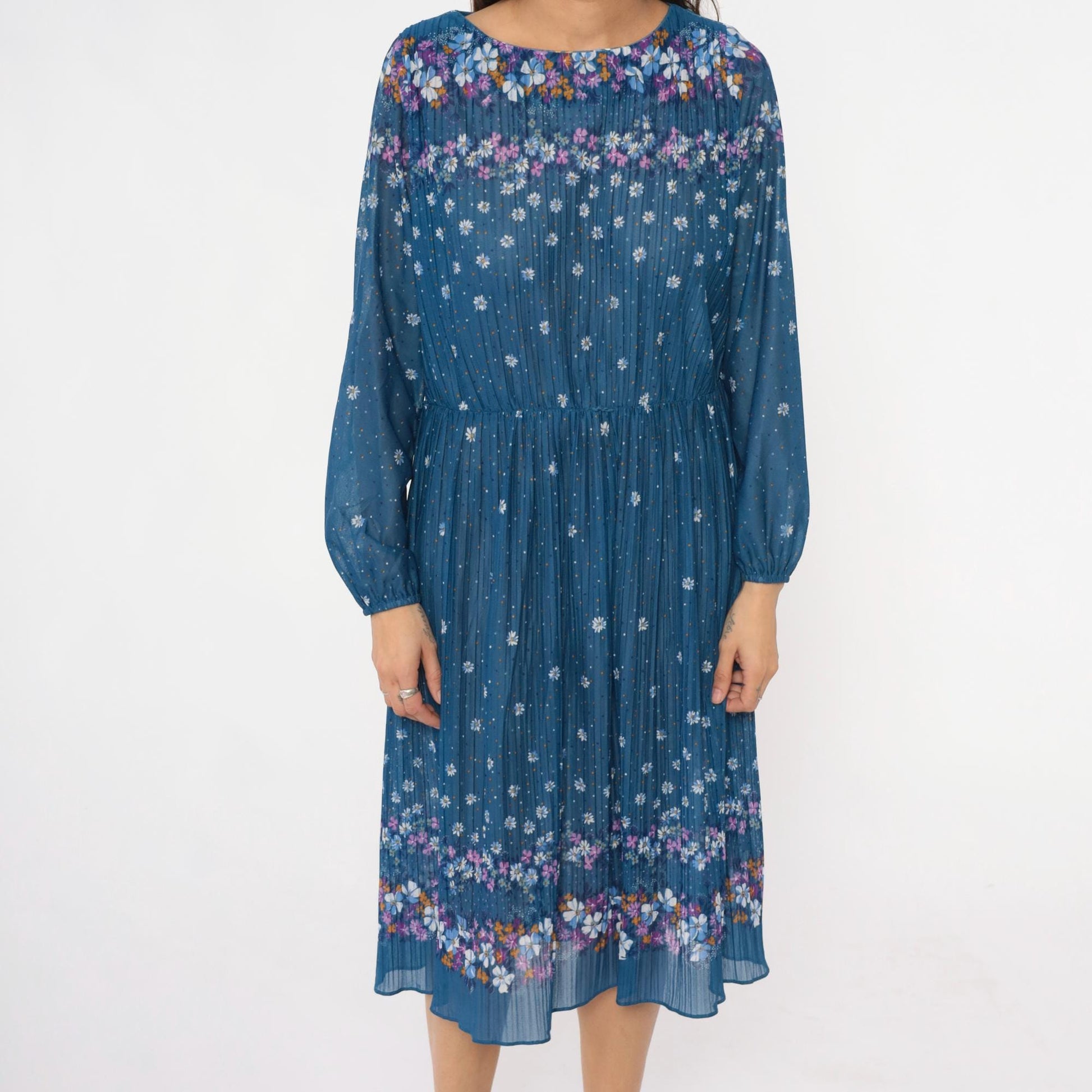 80s Malouf of Dallas Floral Midi Dress Blue Pleated Long Sleeve Medium