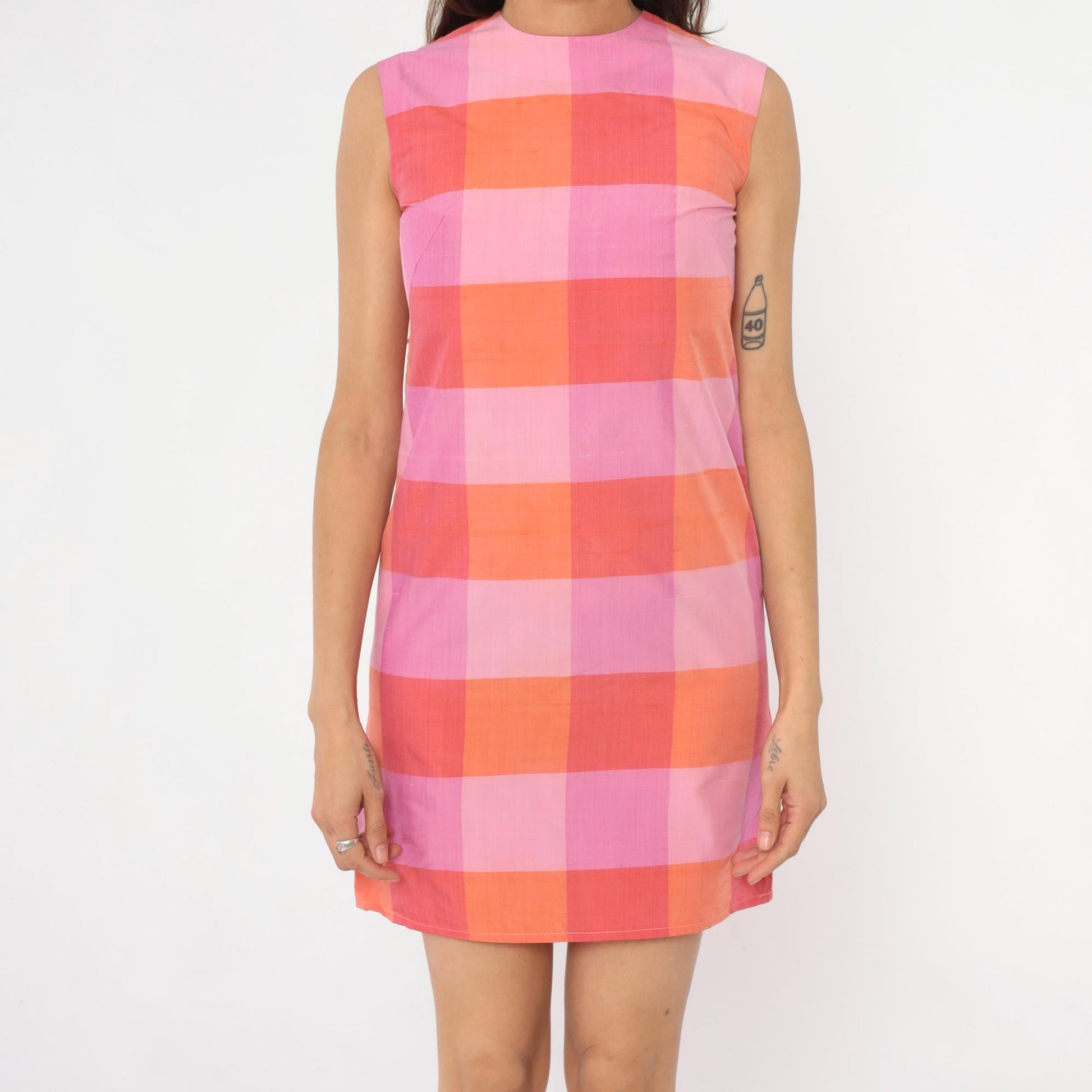 90s Pink Orange Gingham Mini Dress Shift Cotton Sleeveless Extra Small
