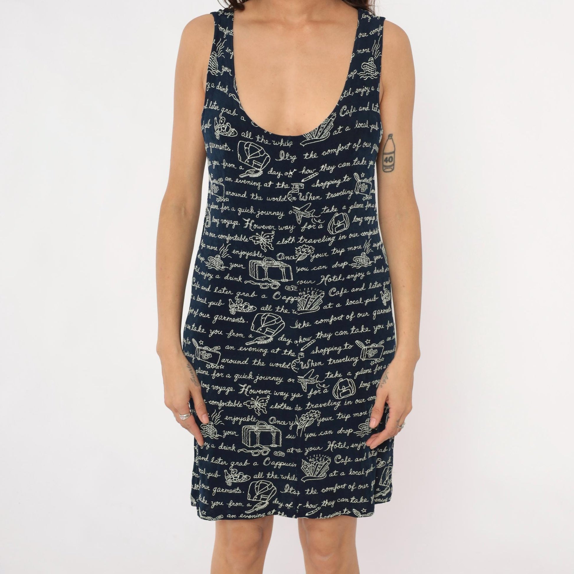 90s Navy Tank Dress Travel Print White Graphic Shift Large L