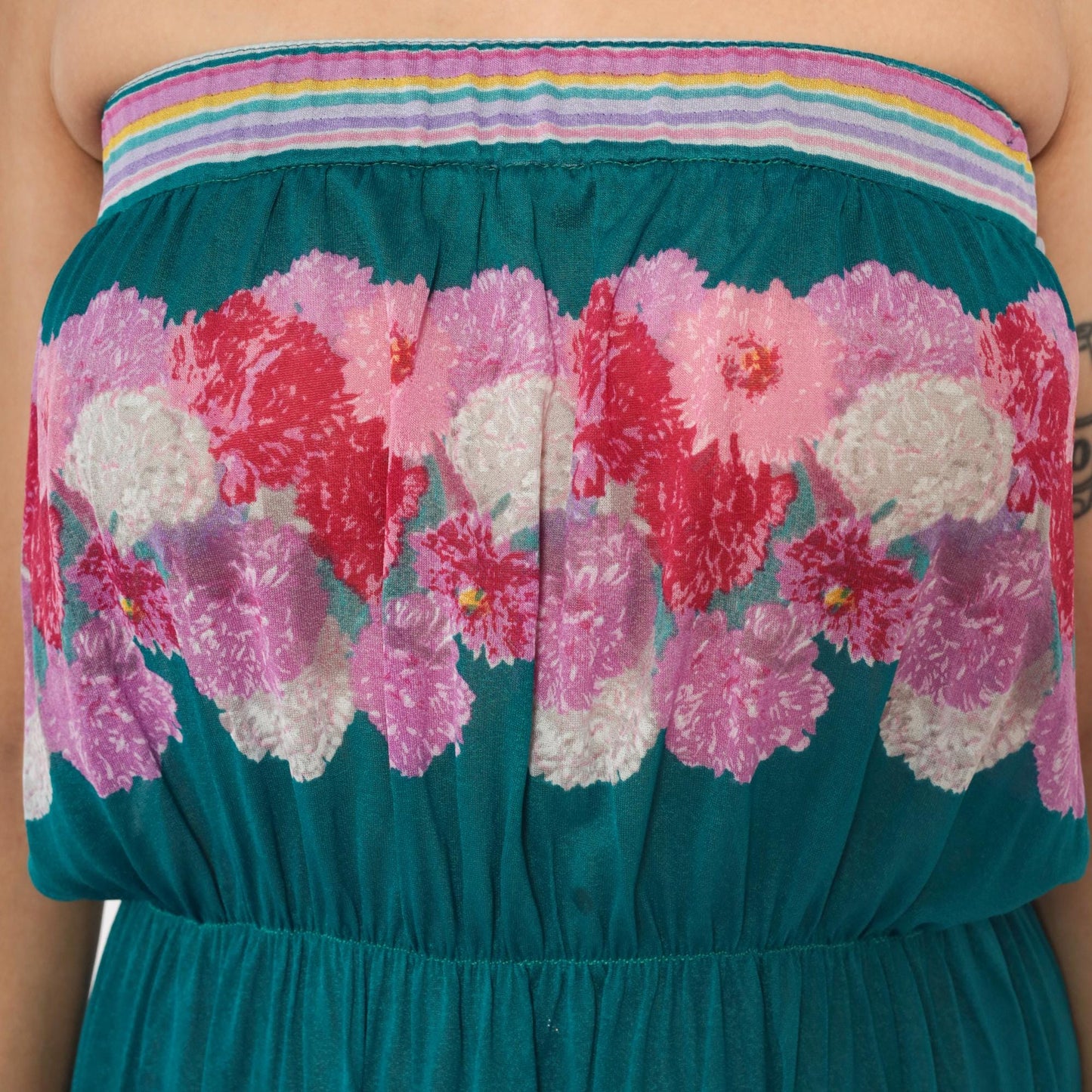 80s Teal Floral Strapless Maxi Dress Pink Purple Carnation Print Small S