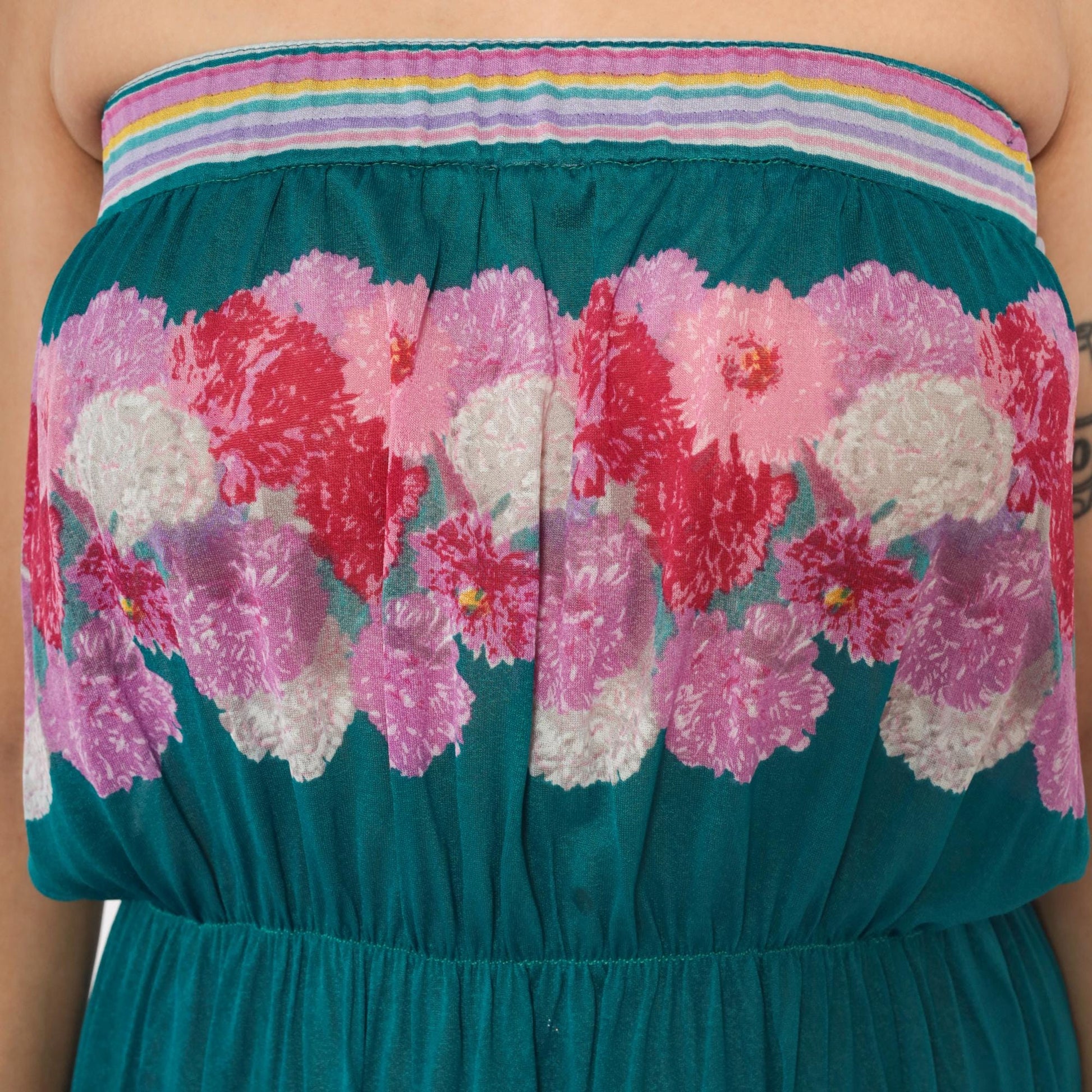 80s Teal Floral Strapless Maxi Dress Pink Purple Carnation Print Small S