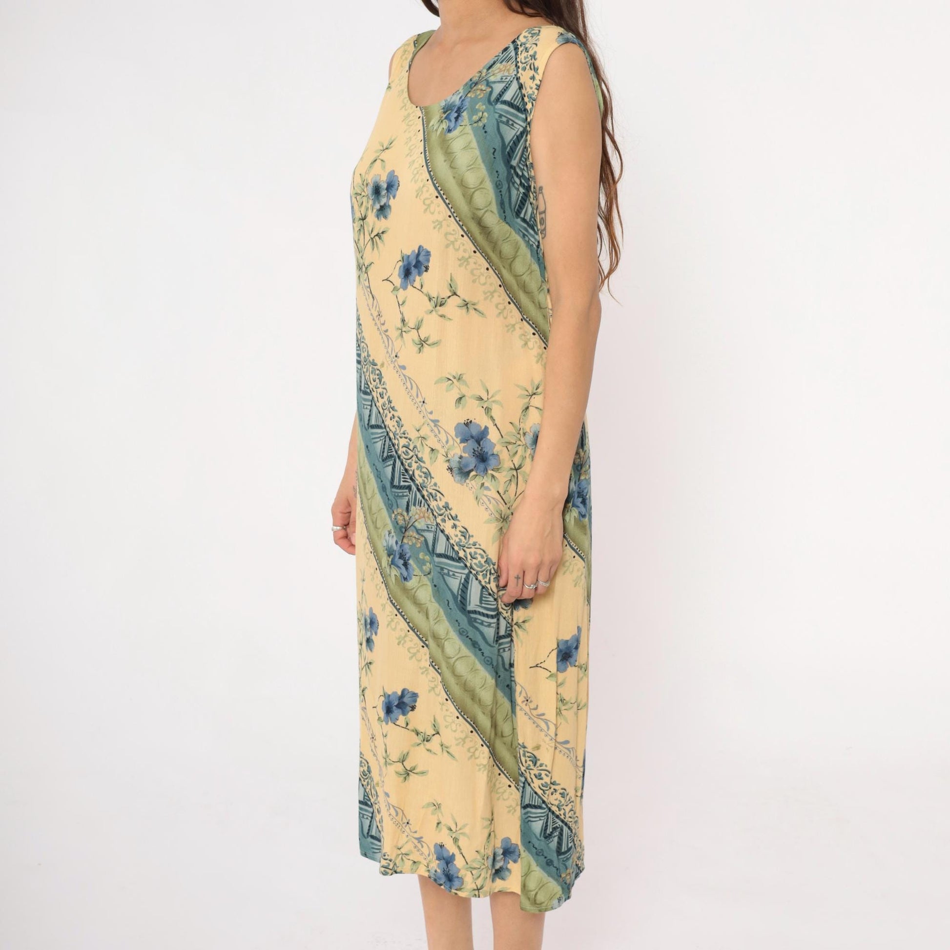 90s R&K Originals Yellow Floral Midi Dress Diagonal Stripe Tie Waist Medium M