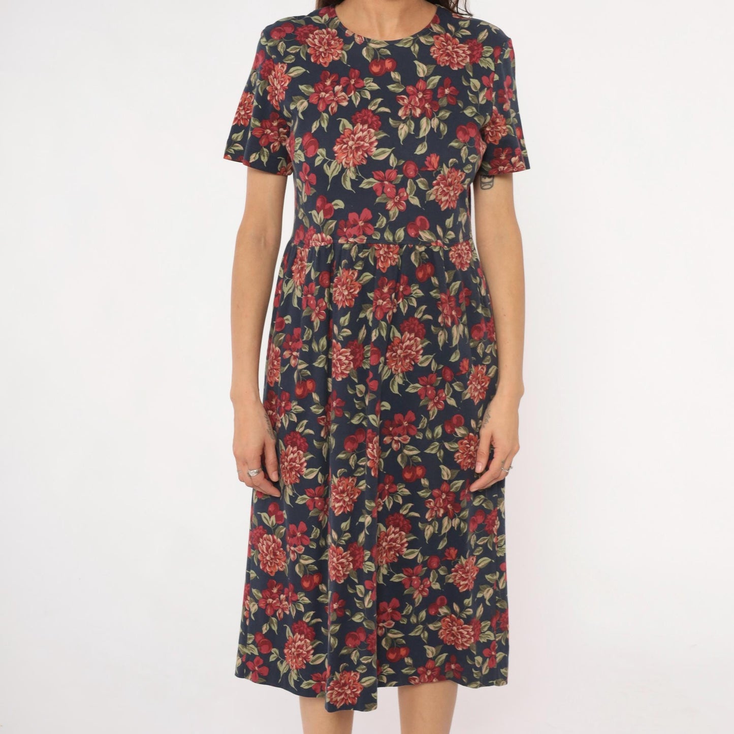 90s Talbots Floral Midi Dress Navy Dahlia Cotton Small